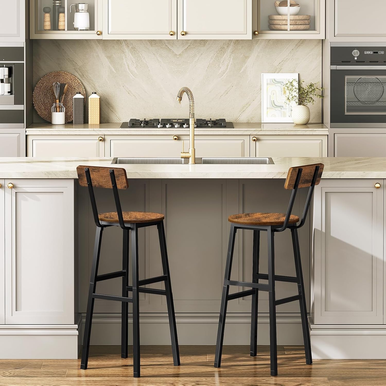 Set of Two Adjustable Round Bar Stools with Backrest