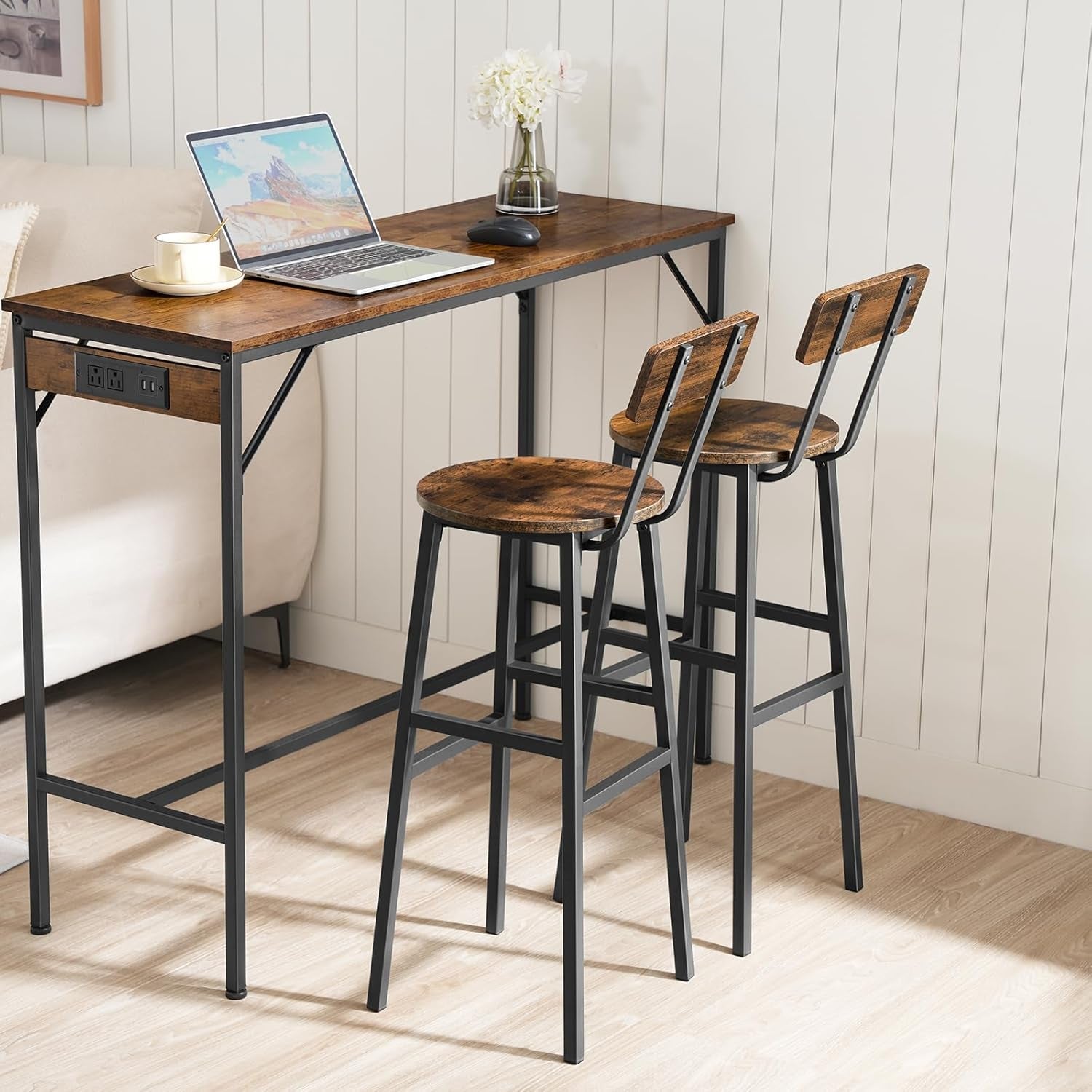 Set of Two Adjustable Round Bar Stools with Backrest