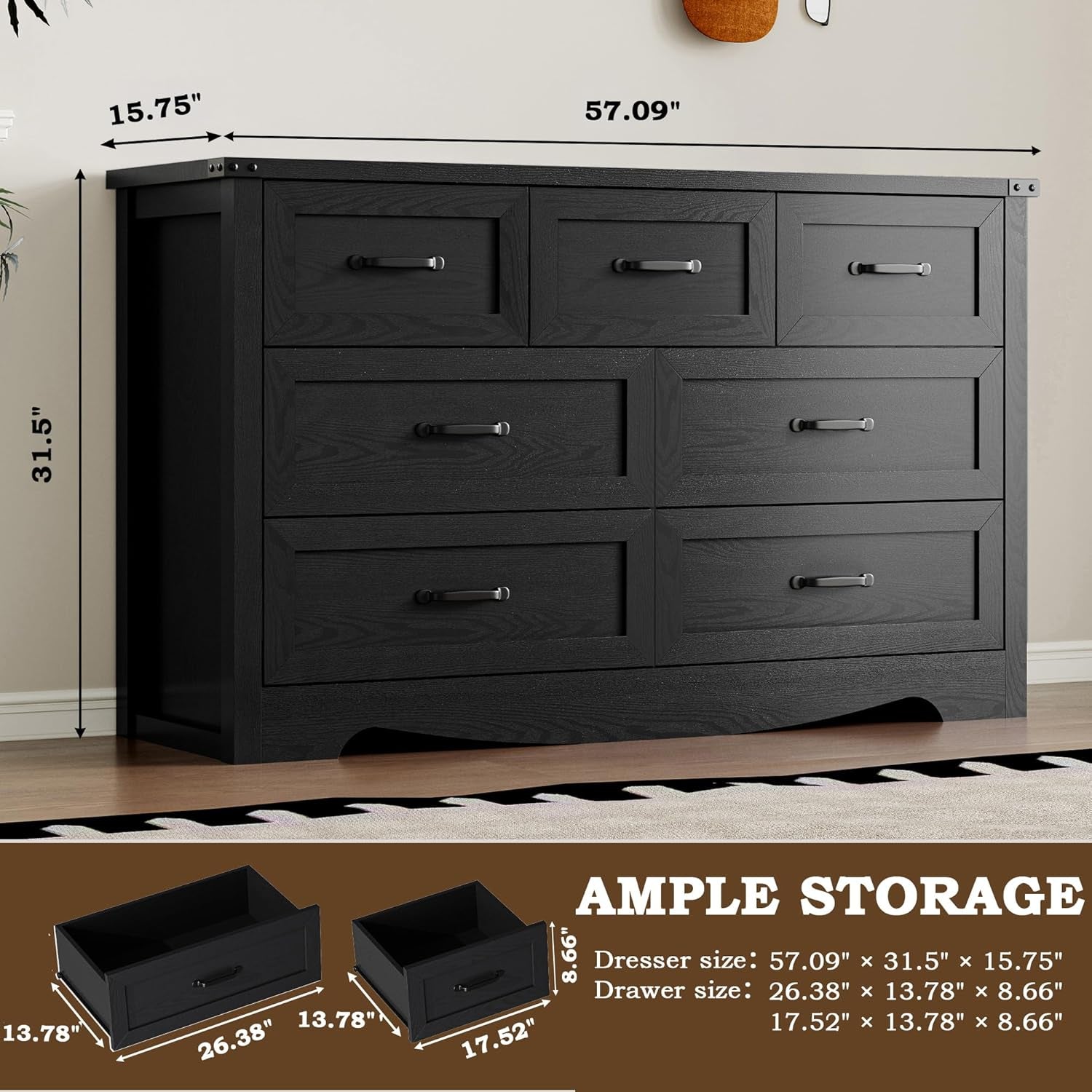Seven Drawer Dresser In Walnut Wood Finish Contemporary