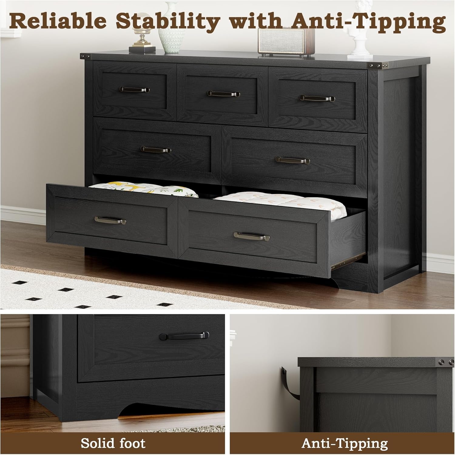 Seven Drawer Dresser In Walnut Wood Finish Contemporary