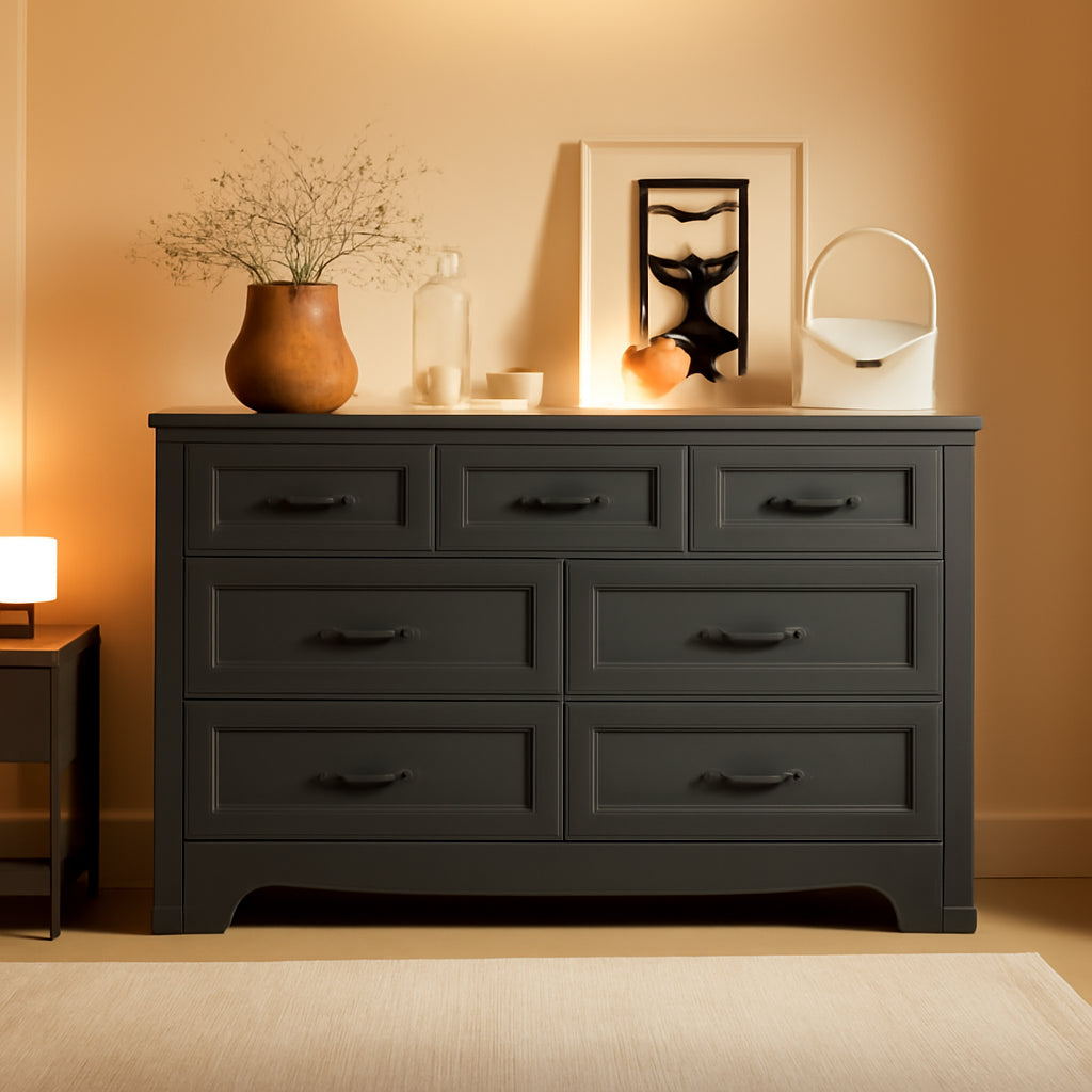 Seven Drawer Dresser In Walnut Wood Finish Contemporary