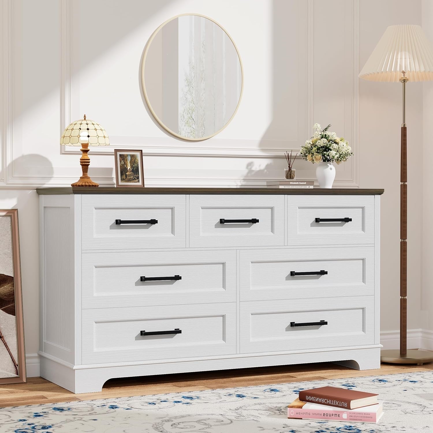 Seven Drawer Dresser White Brown Modern Farmhouse Style