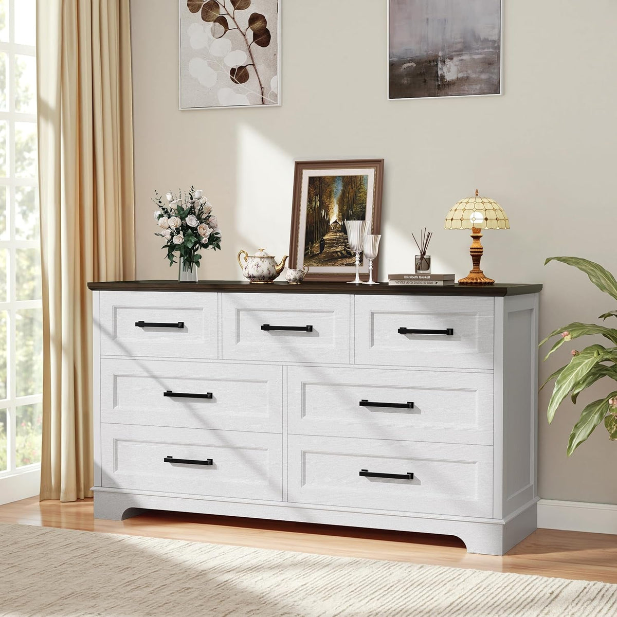 Seven Drawer Dresser White Brown Modern Farmhouse Style