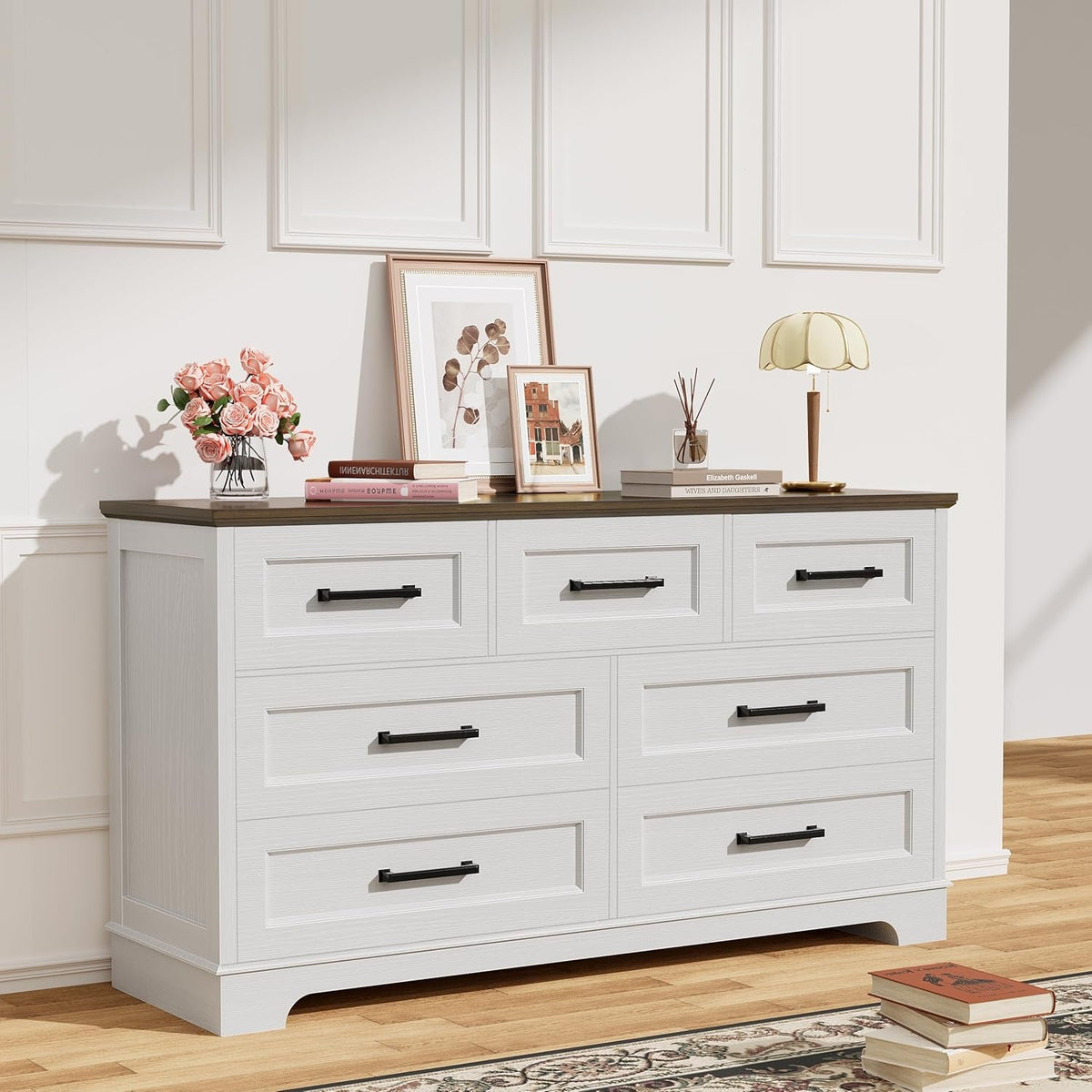 Seven Drawer Dresser White Brown Modern Farmhouse Style