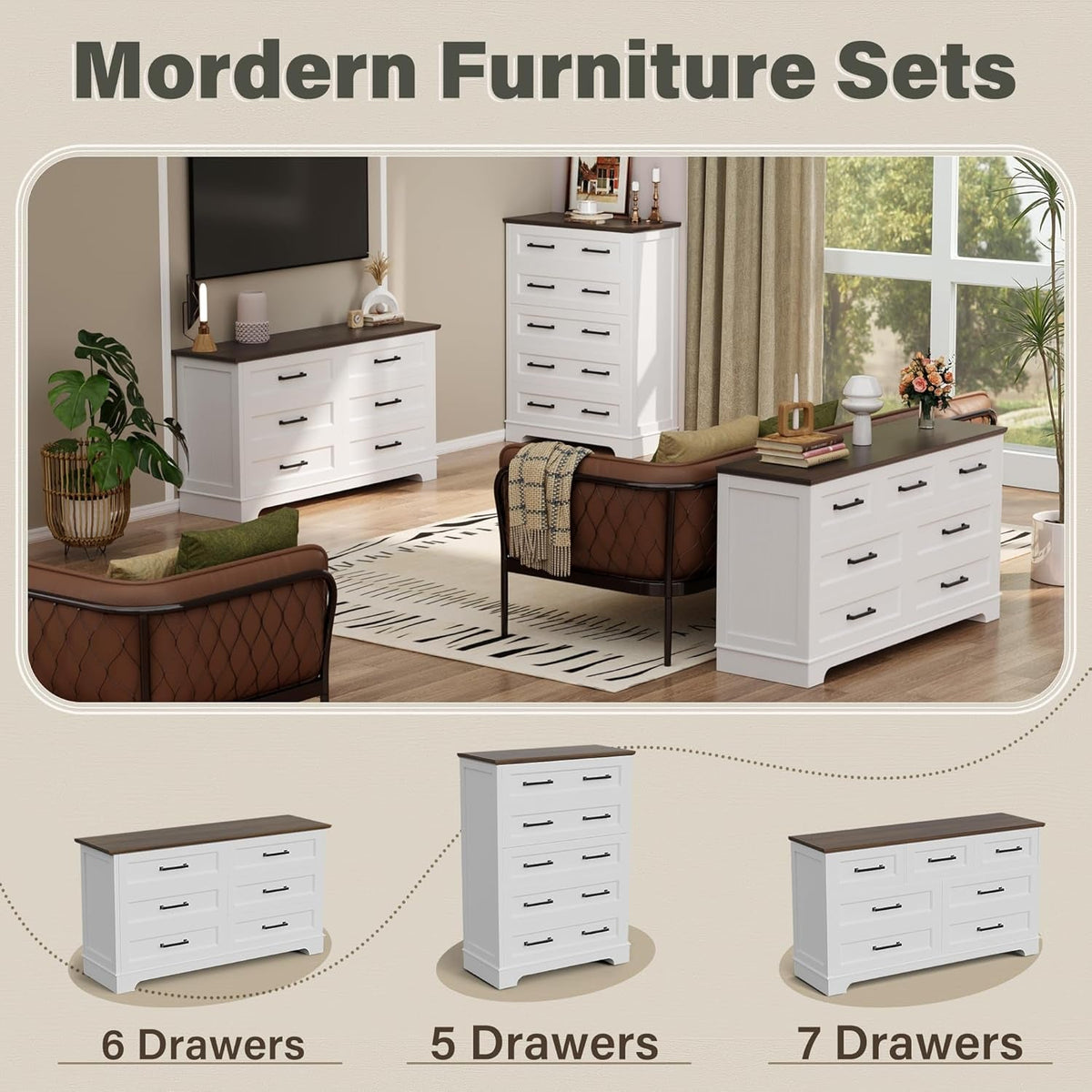 Seven Drawer Dresser White Brown Modern Farmhouse Style