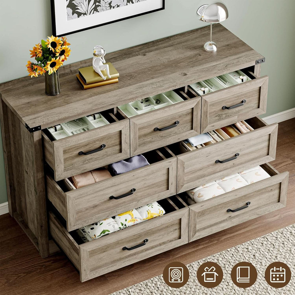 Seven Drawer Dresser With Brushed Metal Handles For Bedroom