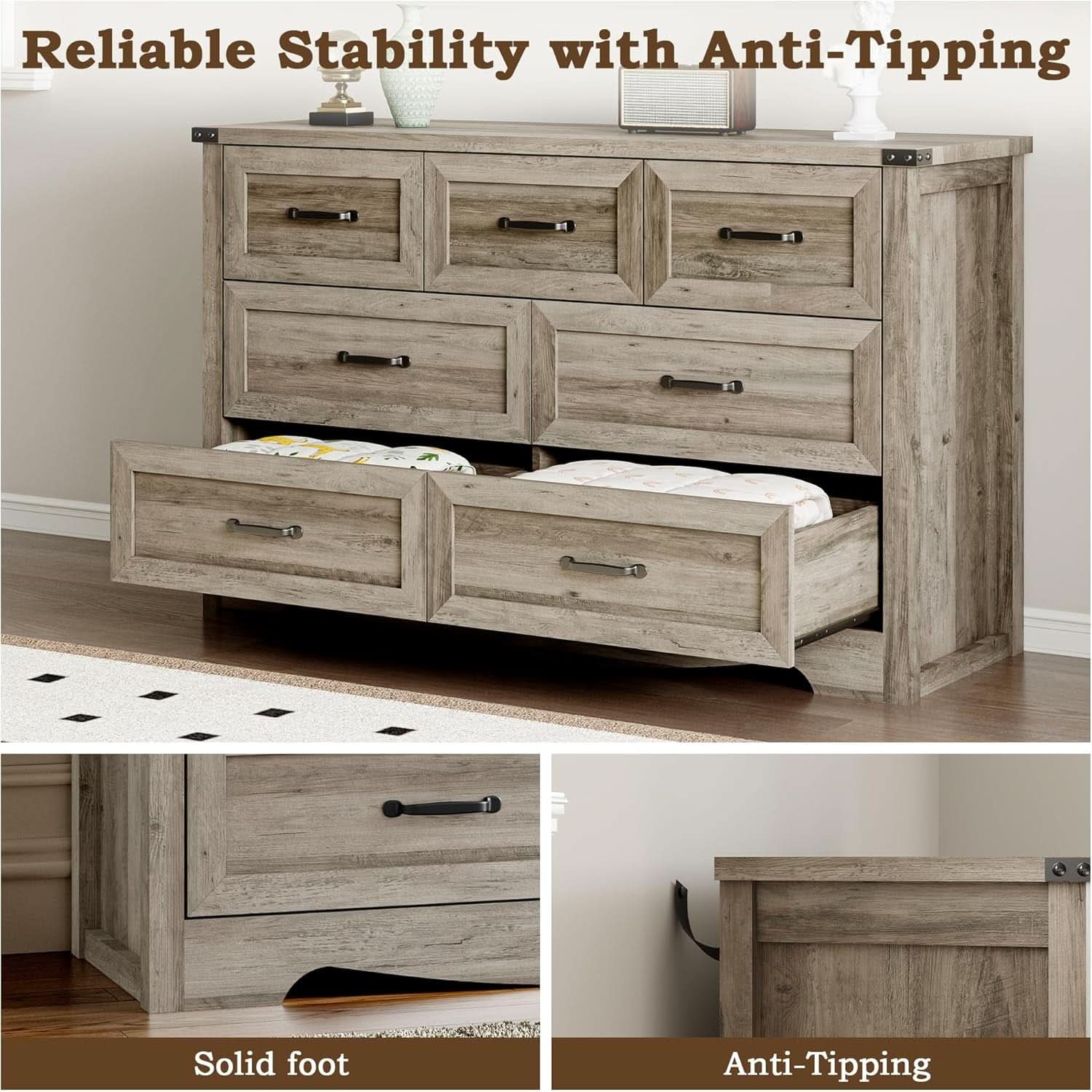 Seven Drawer Dresser With Brushed Metal Handles For Bedroom