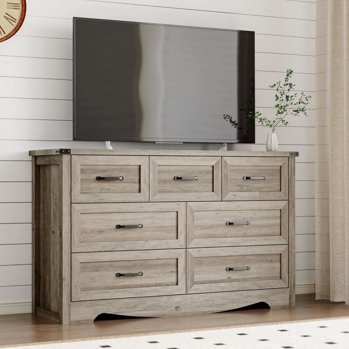 Seven Drawer Dresser With Brushed Metal Handles For Bedroom