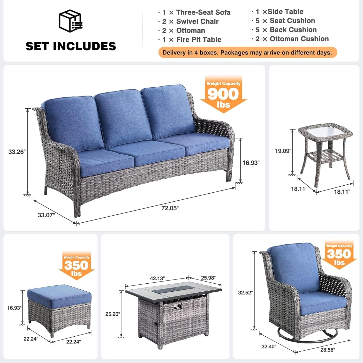 Seven Piece Outdoor Patio Furniture Set with Fire Pit