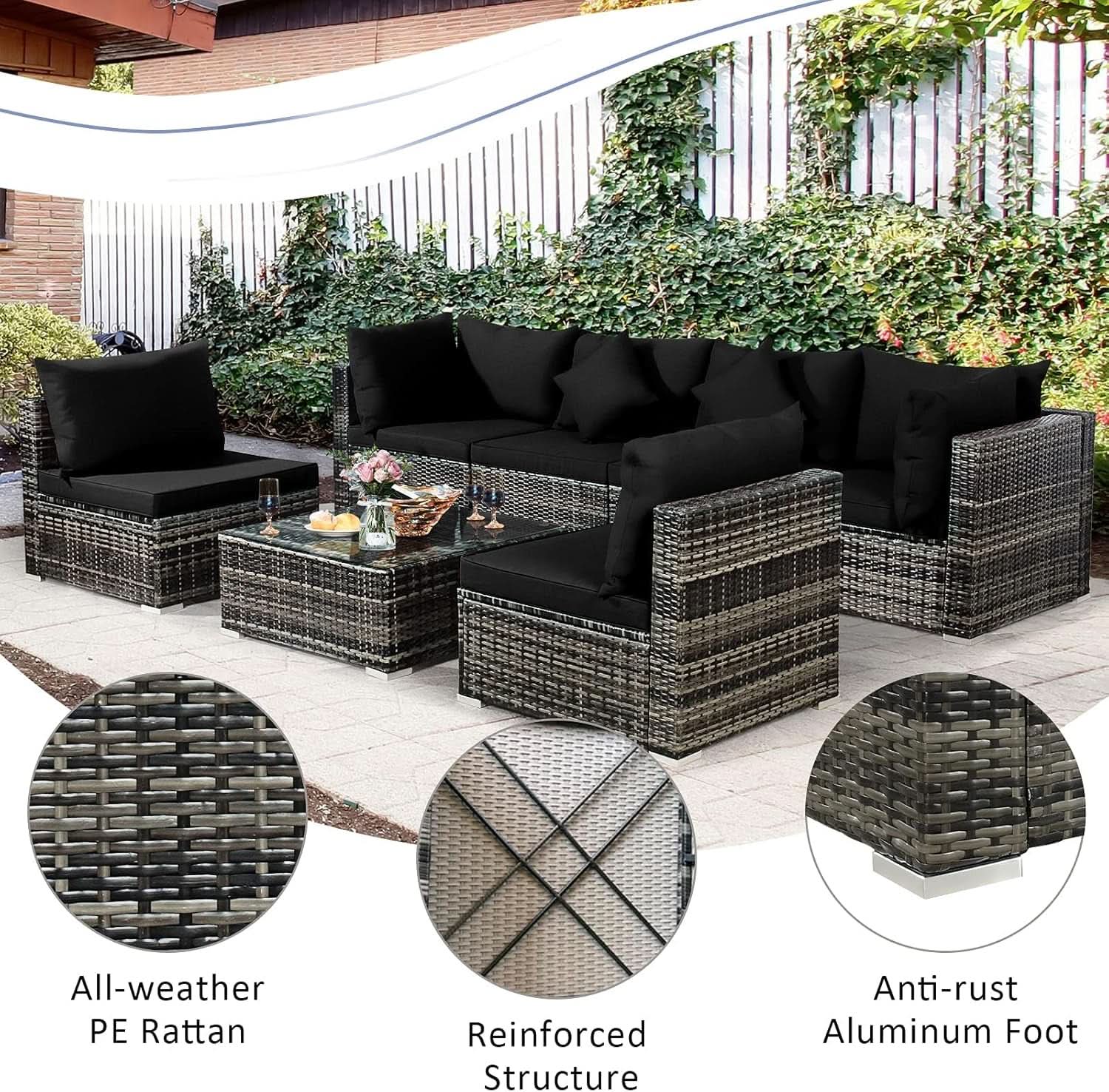 Seven Piece Outdoor Rattan Furniture Set with Cushions