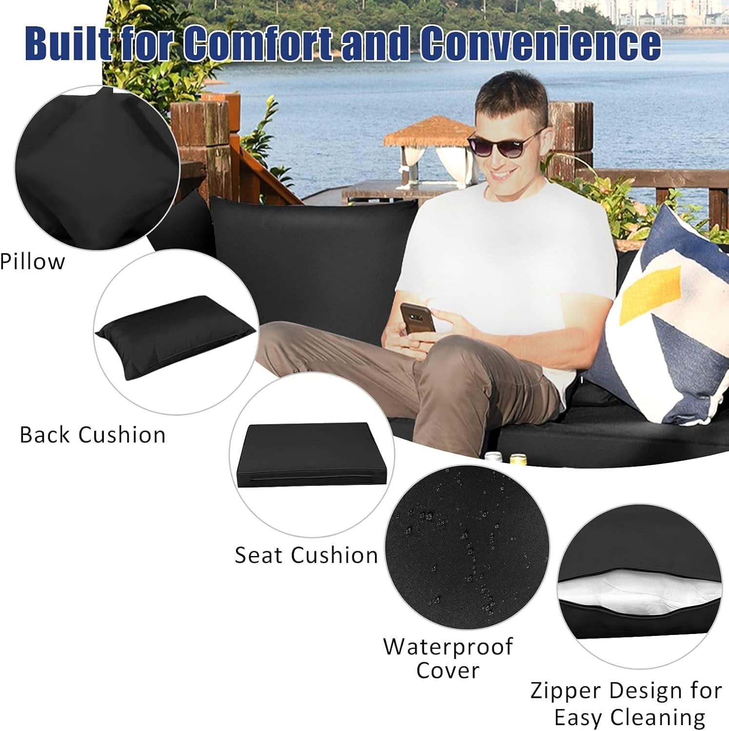 Seven Piece Outdoor Rattan Furniture Set with Cushions