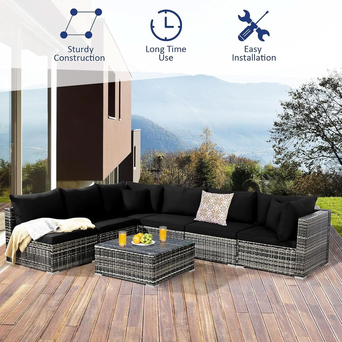 Seven Piece Outdoor Rattan Furniture Set with Cushions