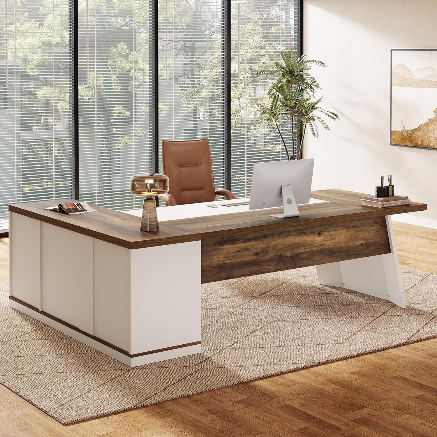 Seventy Eight Inch L Shaped Desk Integrated Storage Brown White