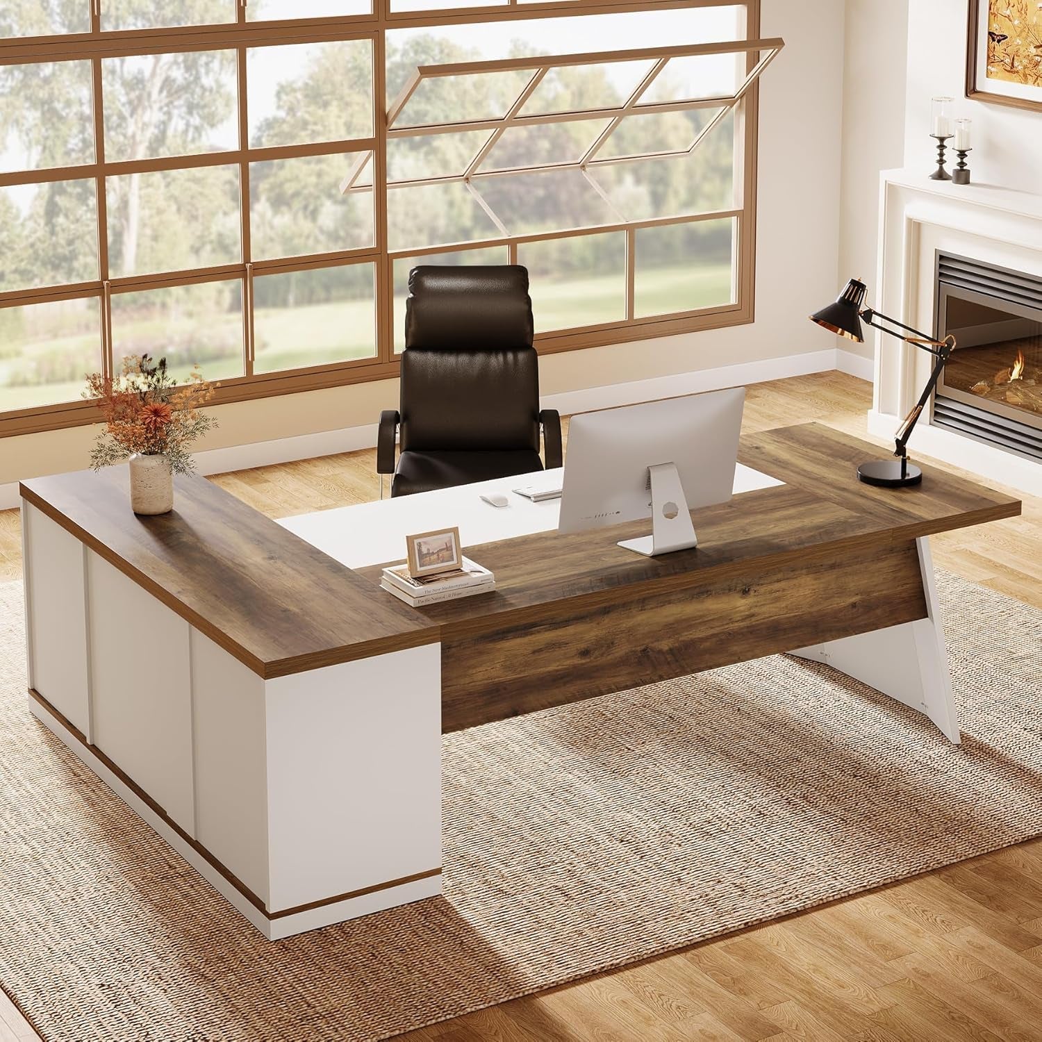 Seventy Eight Inch L Shaped Desk Integrated Storage Brown White