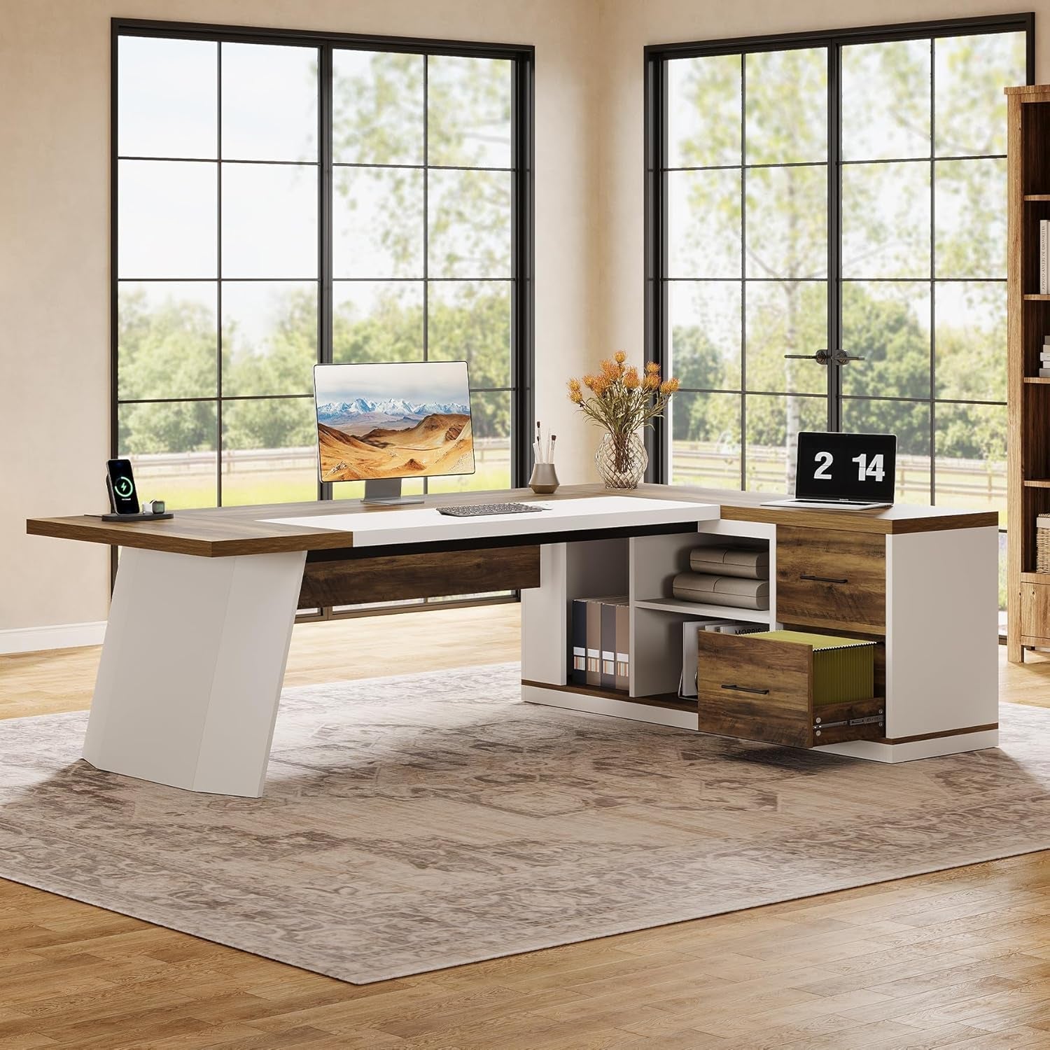 Seventy Eight Inch L Shaped Desk Integrated Storage Brown White