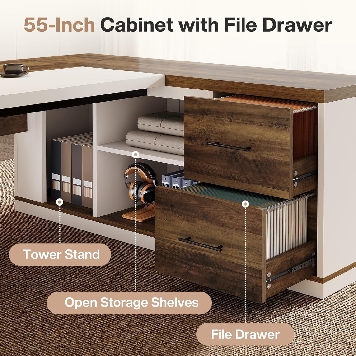 Seventy Eight Inch L Shaped Desk Integrated Storage Brown White