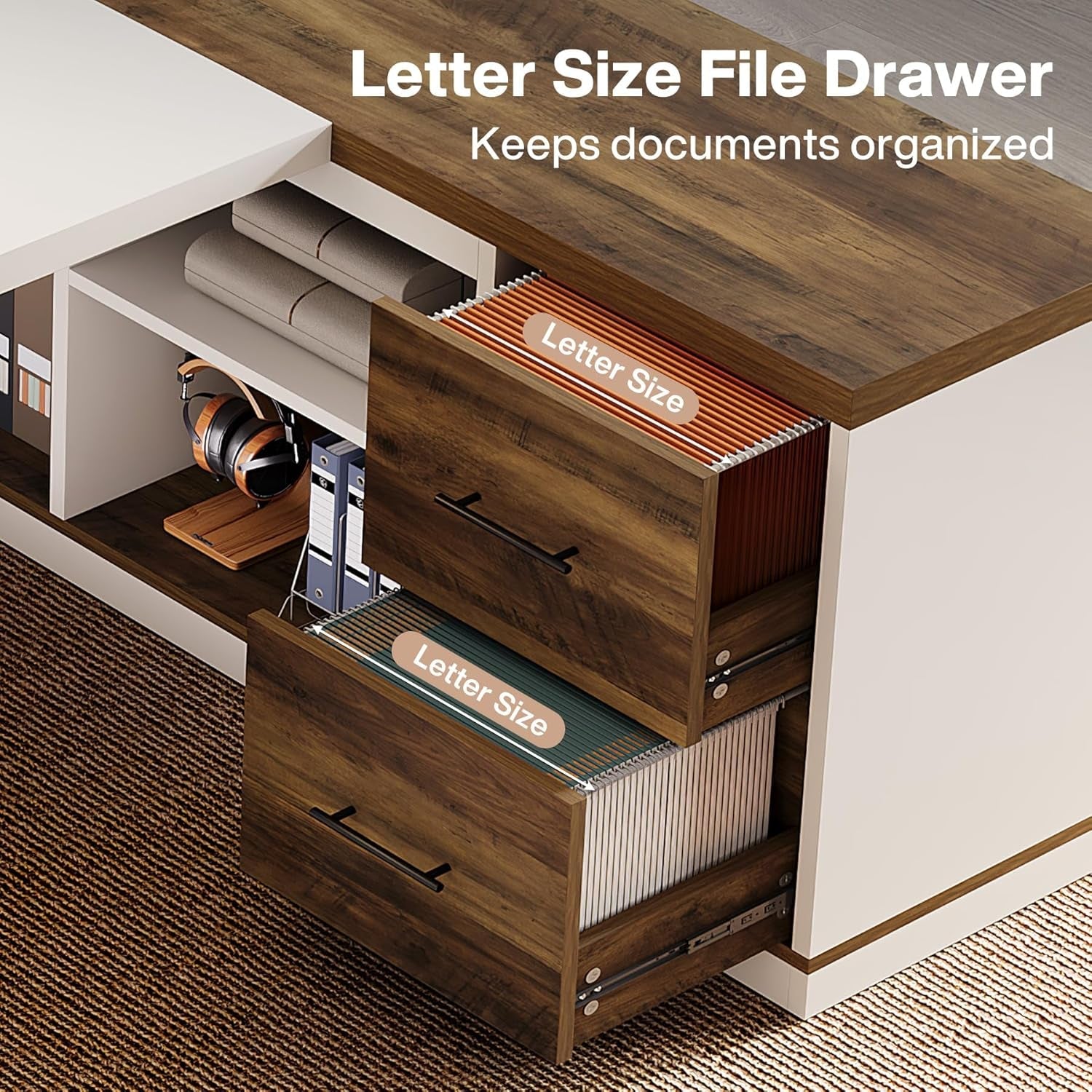 Seventy Eight Inch L Shaped Desk Integrated Storage Brown White