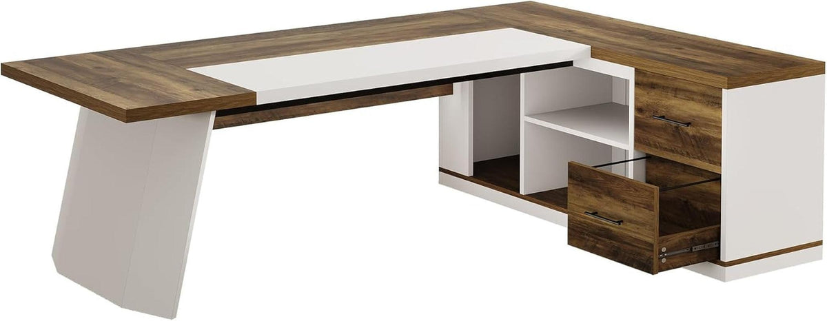Seventy Eight Inch L Shaped Desk Integrated Storage Brown White