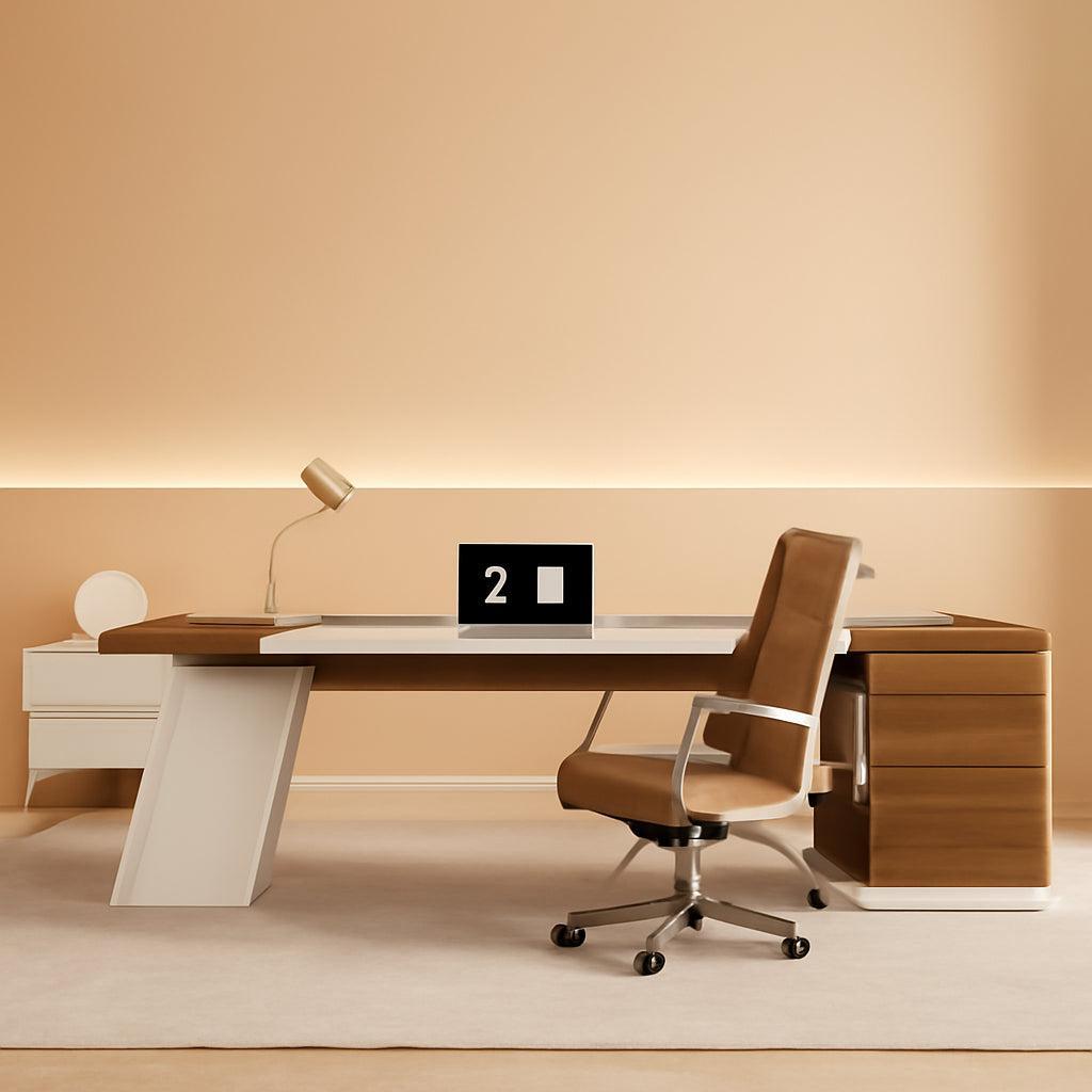 Seventy Eight Inch L Shaped Desk Integrated Storage Brown White
