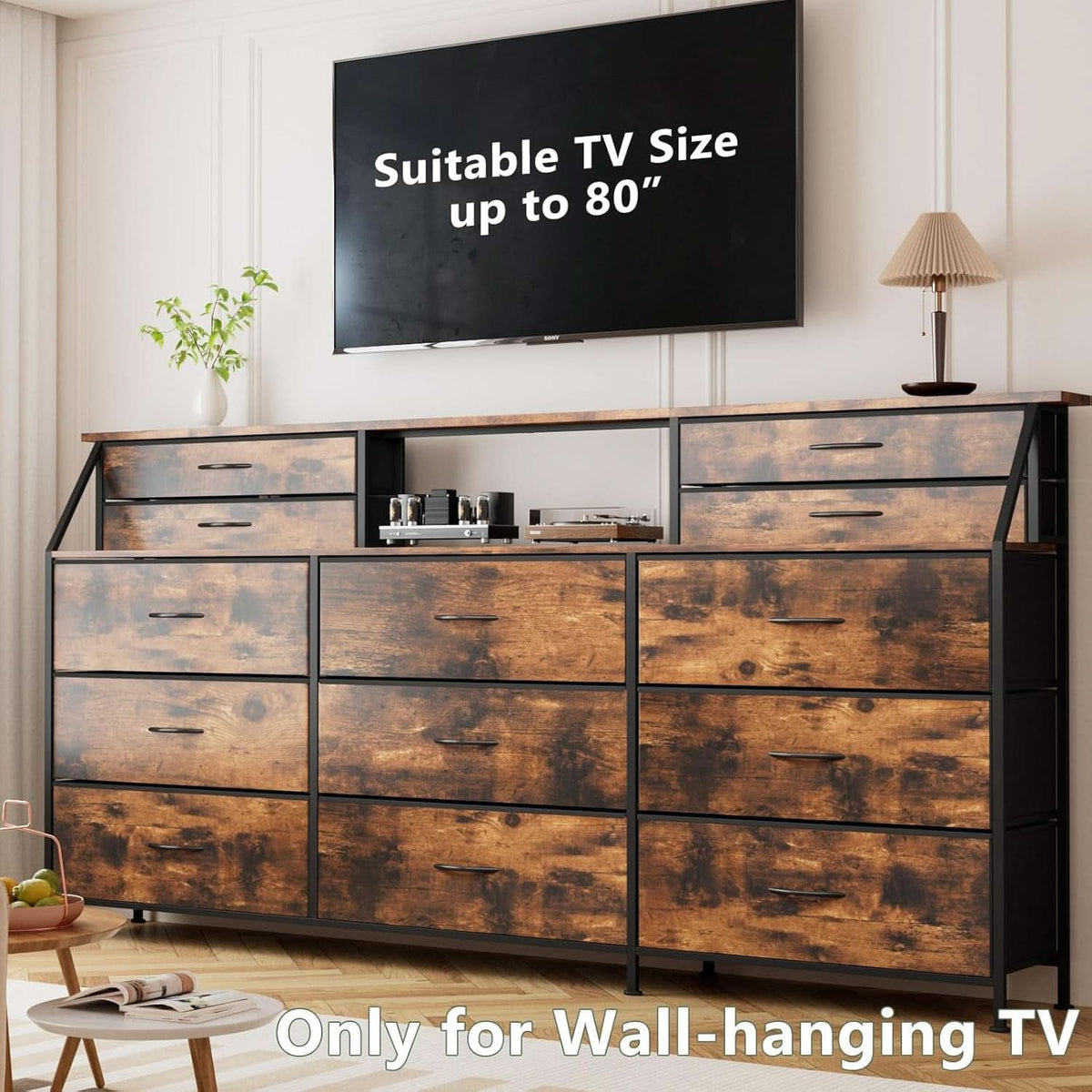 SeventyTwoInch Wide Dresser With Fabric Drawers RusticBrownWoodTop