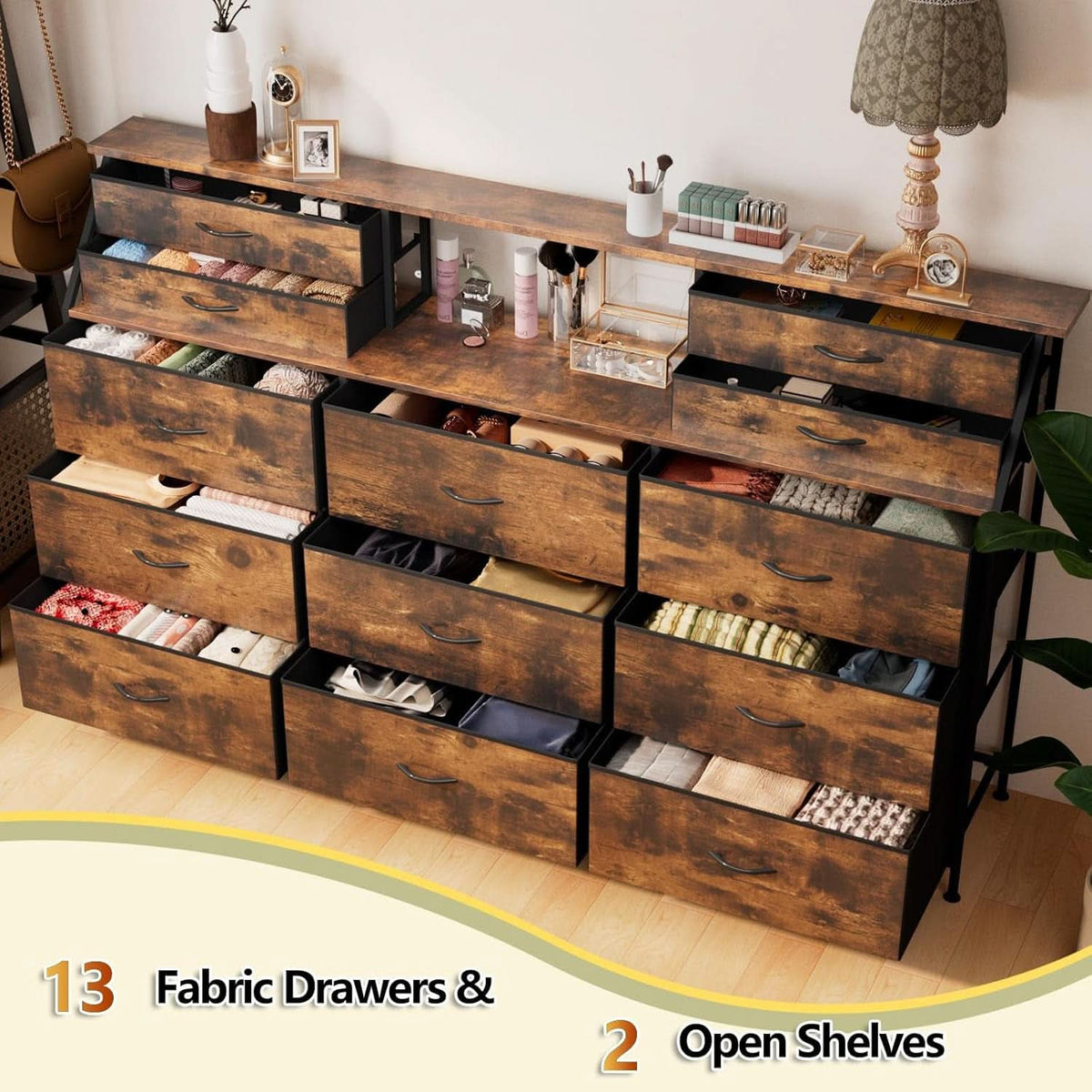 SeventyTwoInch Wide Dresser With Fabric Drawers RusticBrownWoodTop