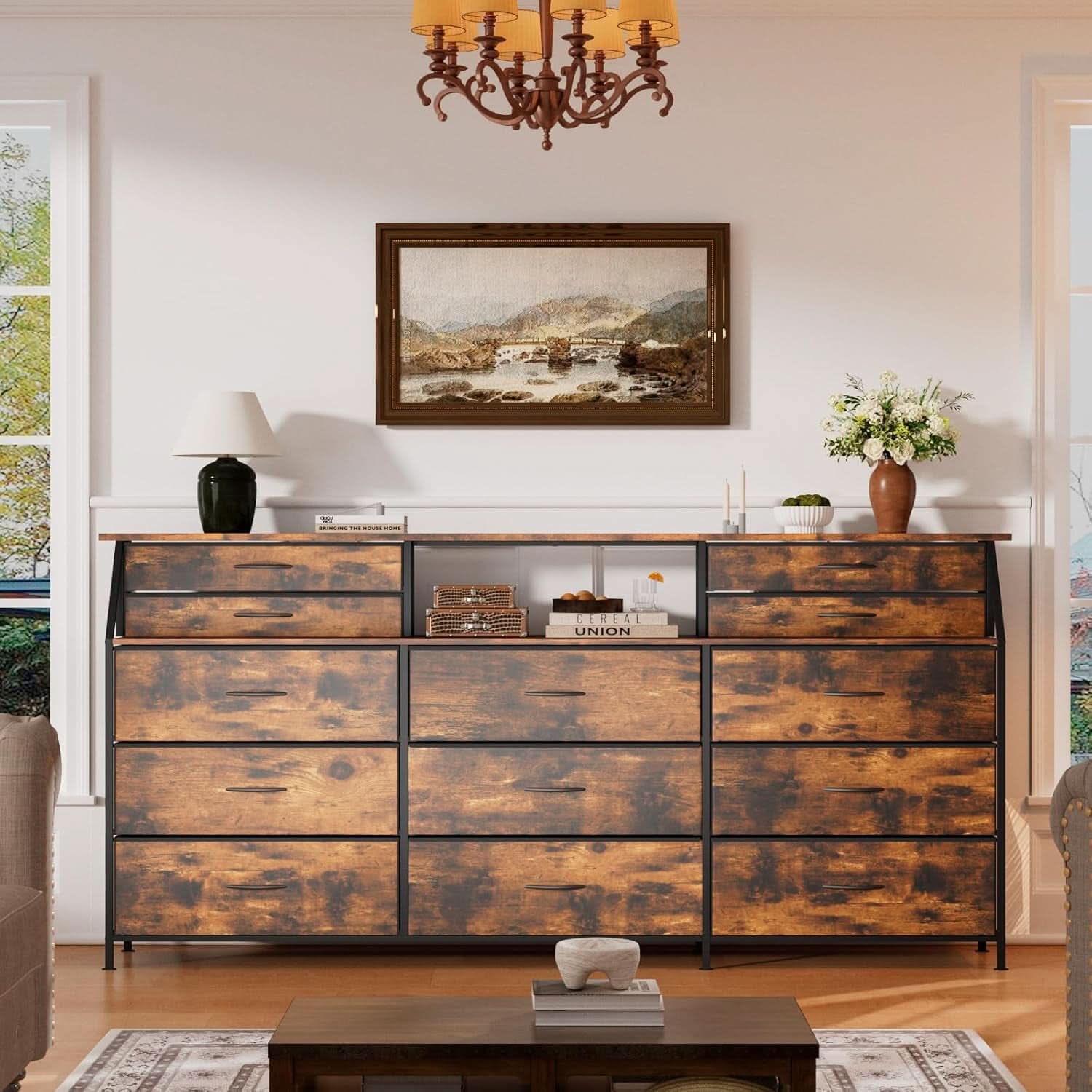 SeventyTwoInch Wide Dresser With Fabric Drawers RusticBrownWoodTop