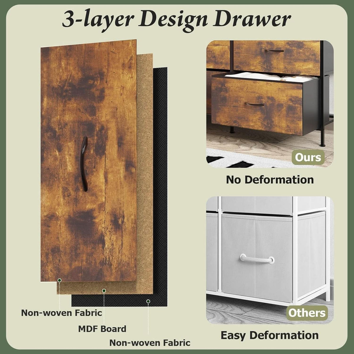 SeventyTwoInch Wide Dresser With Fabric Drawers RusticBrownWoodTop