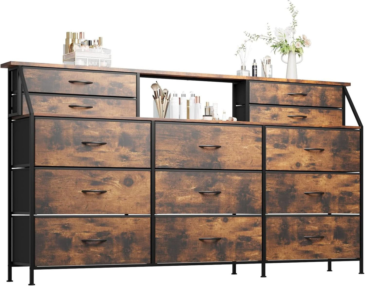 SeventyTwoInch Wide Dresser With Fabric Drawers RusticBrownWoodTop