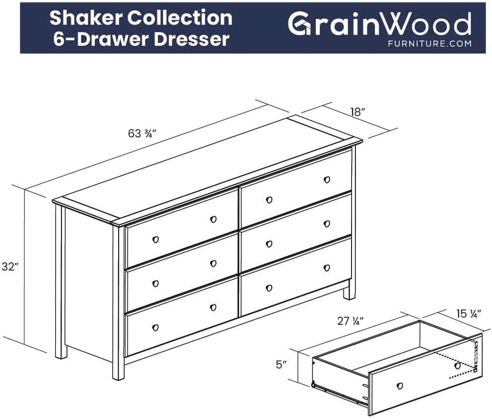 Shaker Style 6 Drawer Dresser With Solid Walnut Finish