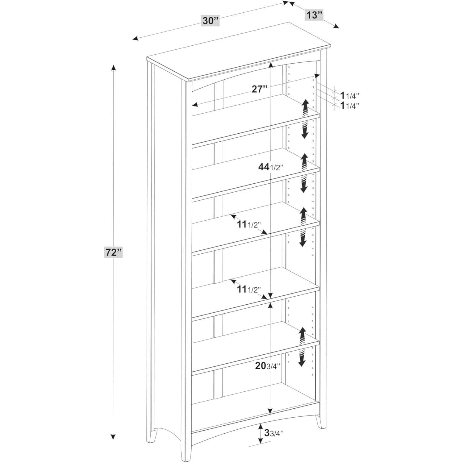 Shaker Style 6 Shelf Bookcase Solid Wood 72 Inch Tall