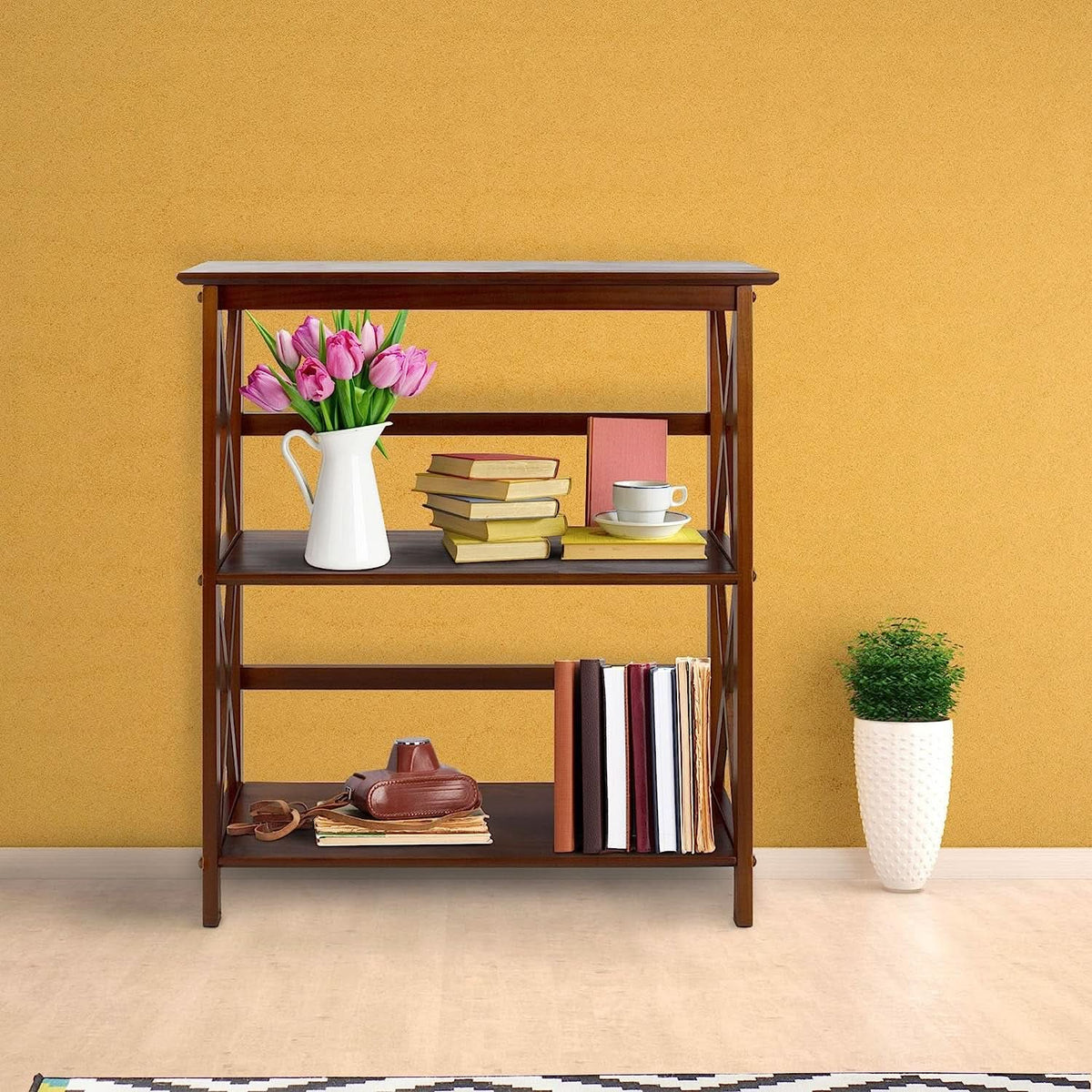 Shelf Bookcase With X Design Three Shelf Storage For Books