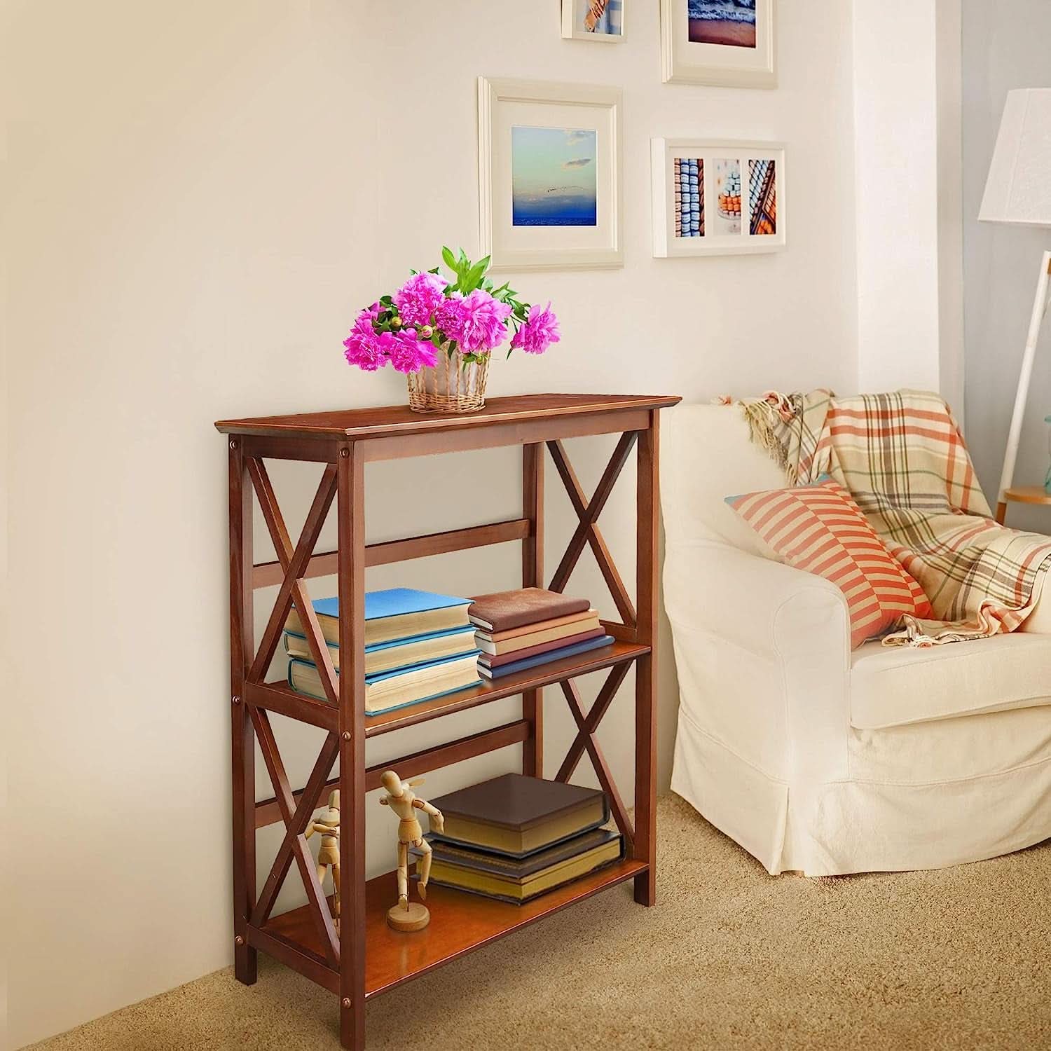 Shelf Bookcase With X Design Three Shelf Storage For Books