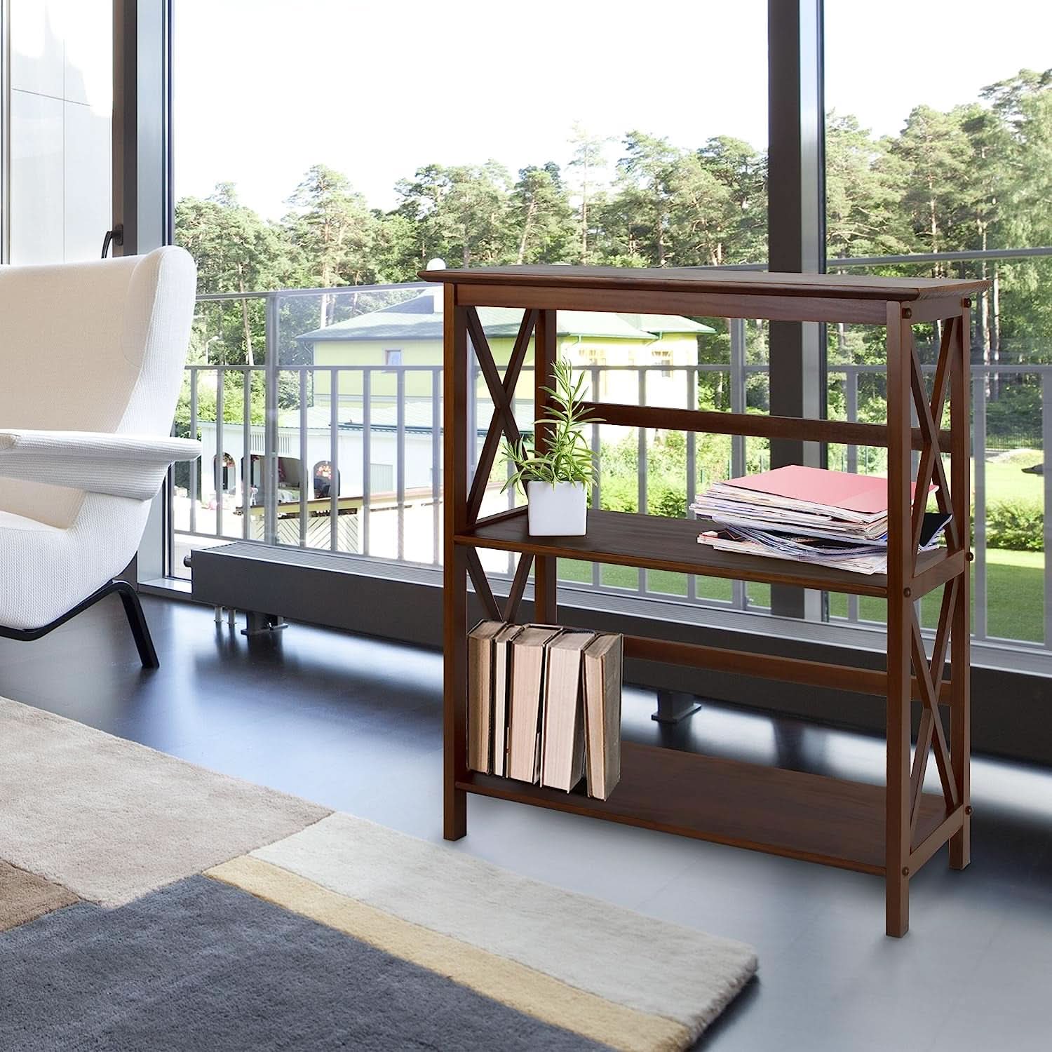 Shelf Bookcase With X Design Three Shelf Storage For Books