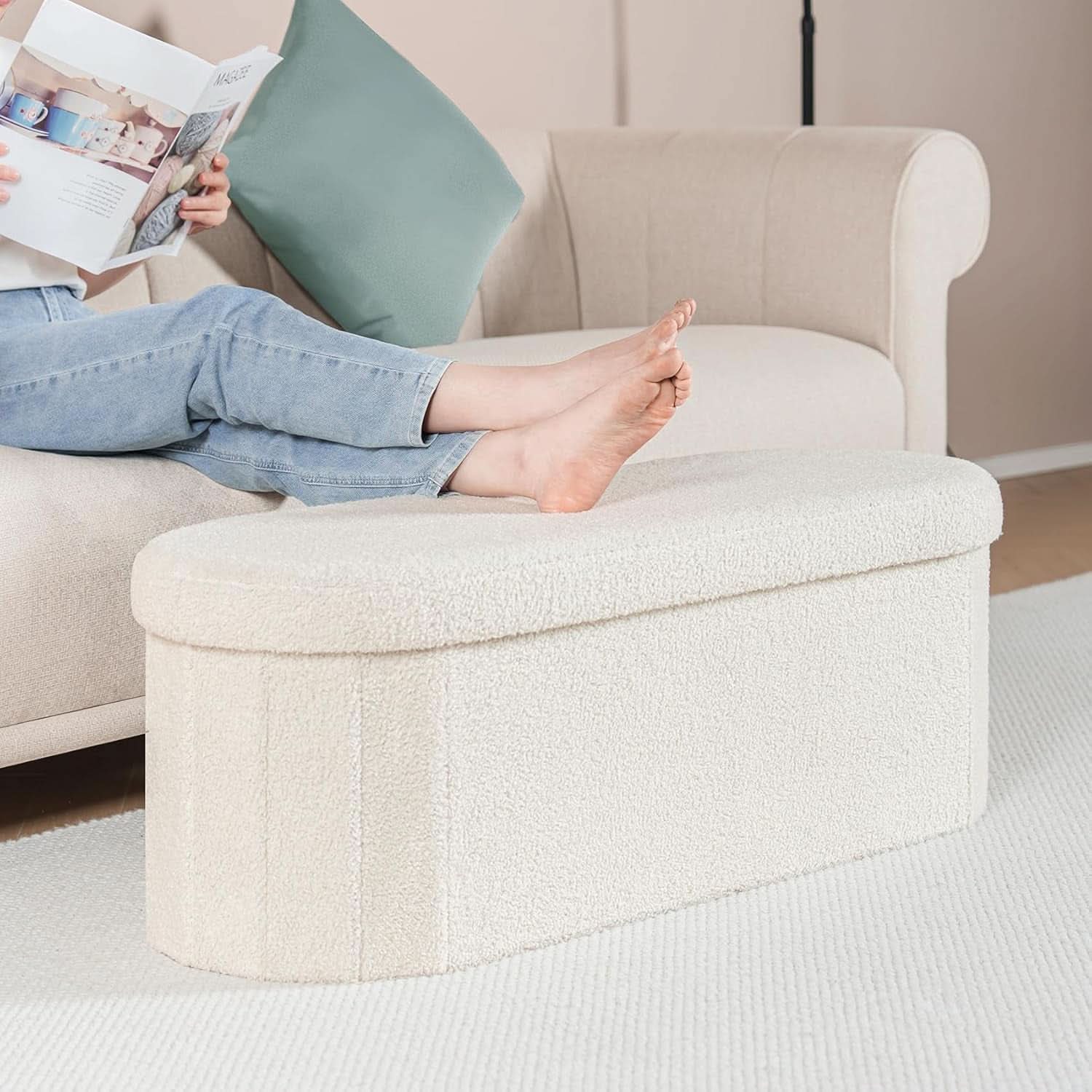 Sherpa Lined Folding Storage Ottoman 43.3 Inch White