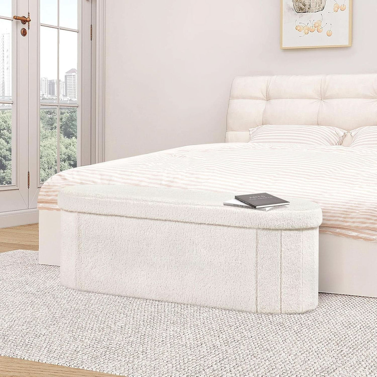 Sherpa Lined Folding Storage Ottoman 43.3 Inch White