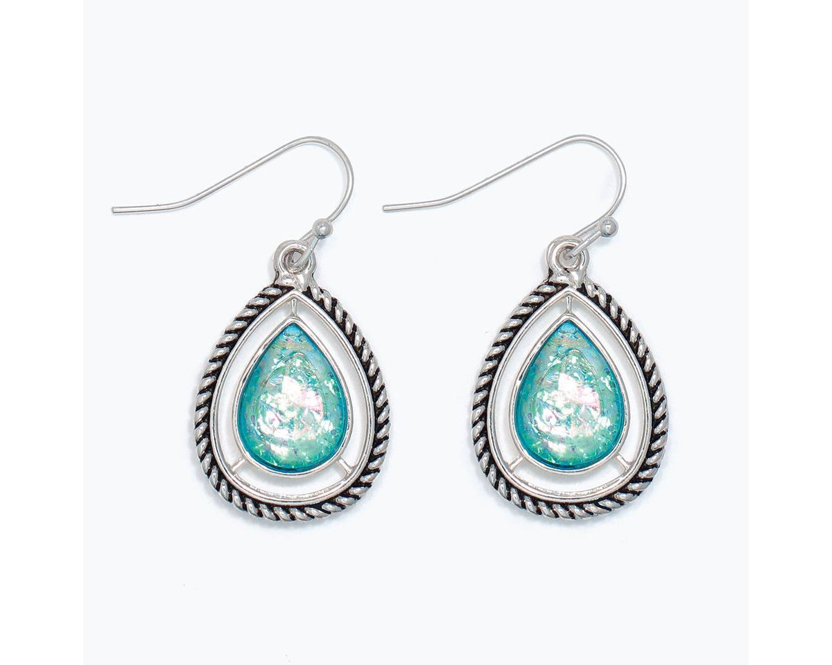 Shimmering Aqua Teardrop Earrings with Detailed Silver