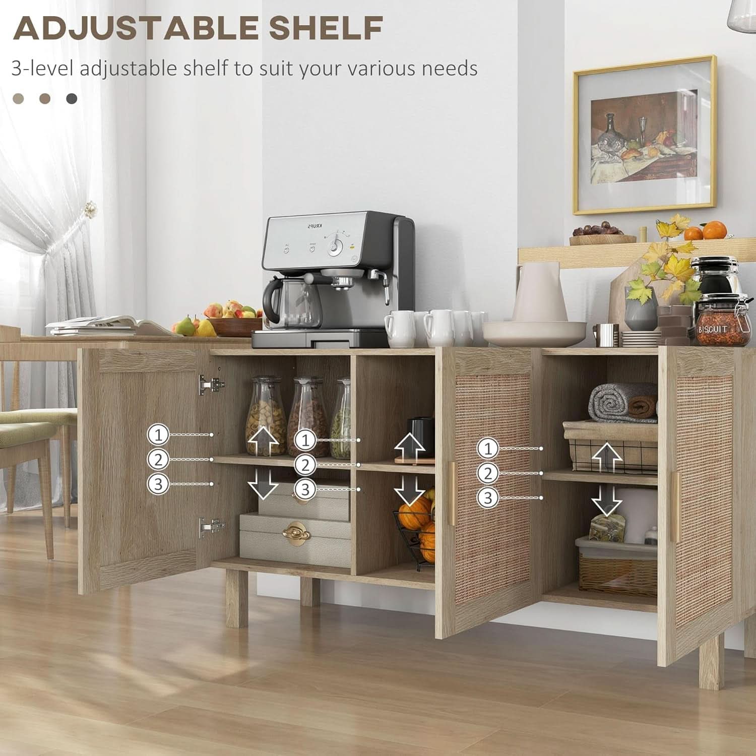 Sideboard Cabinet With Rattan Doors And Adjustable Shelves