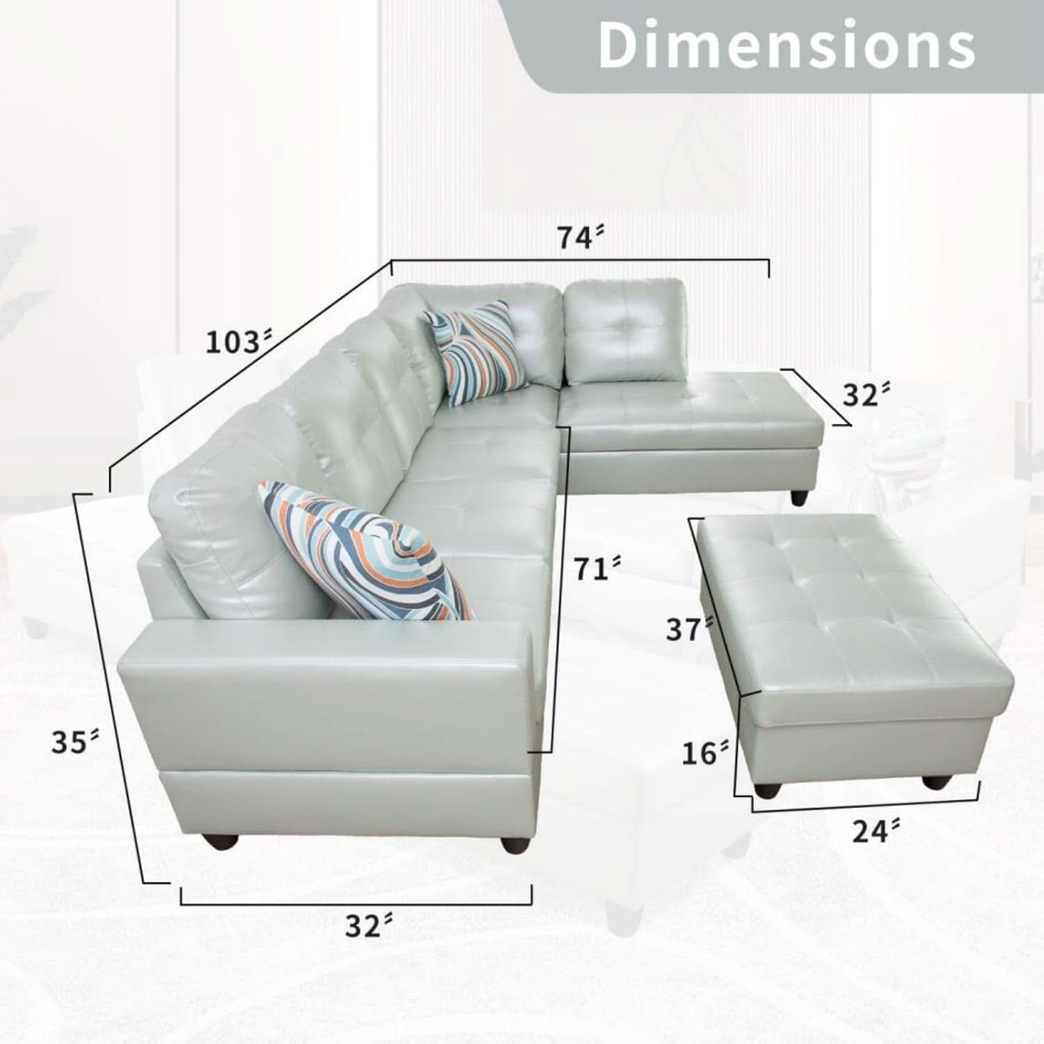 Silver Green L Shaped Sofa Set With Storage Ottoman 3 Piece