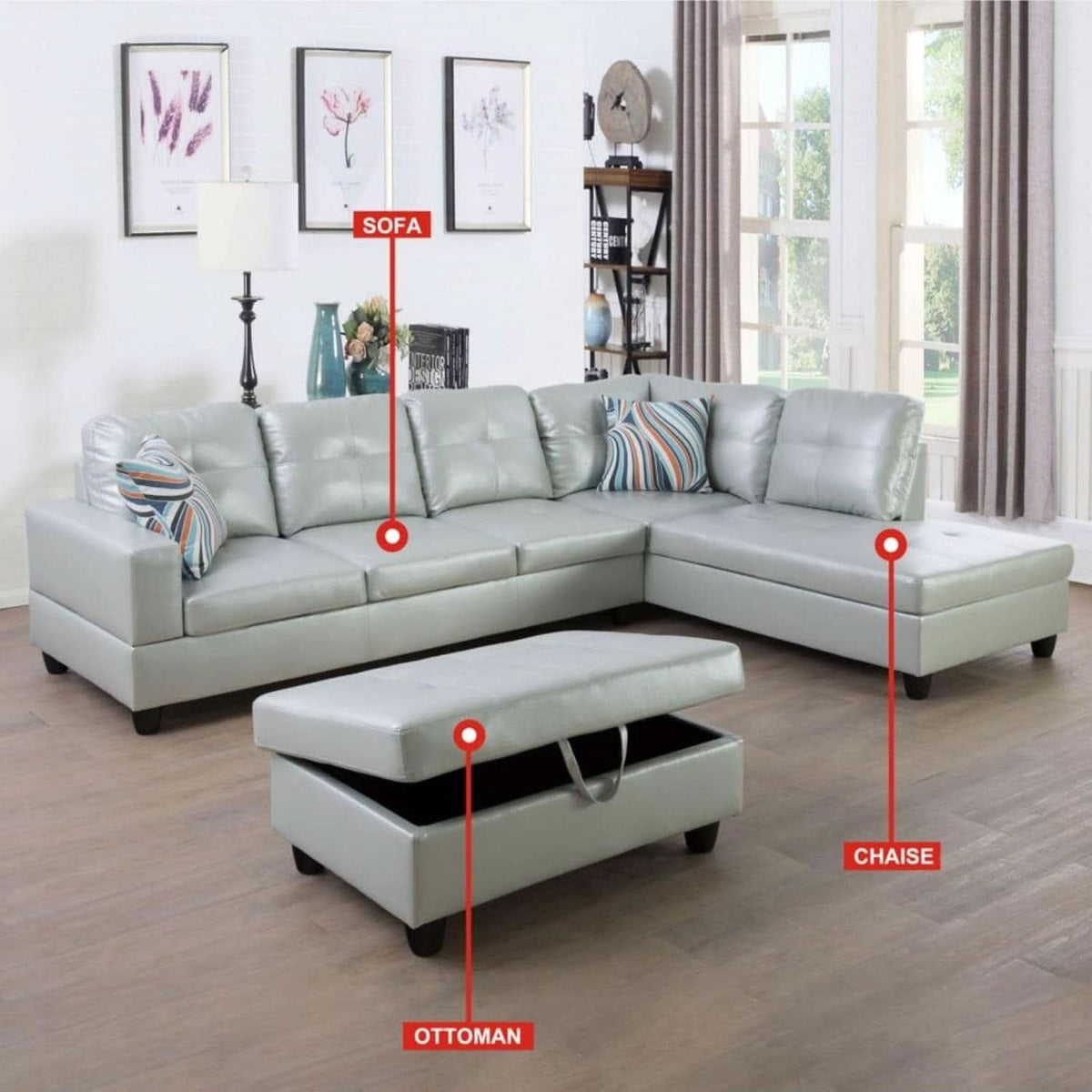 Silver Green L Shaped Sofa Set With Storage Ottoman 3 Piece