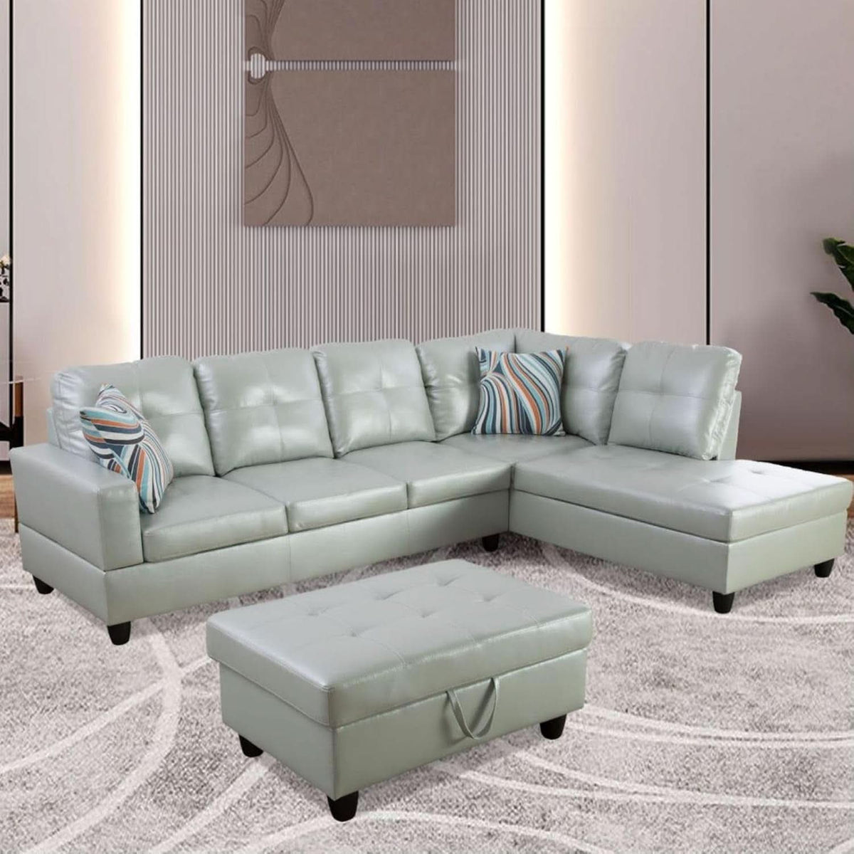 Silver Green L Shaped Sofa Set With Storage Ottoman 3 Piece