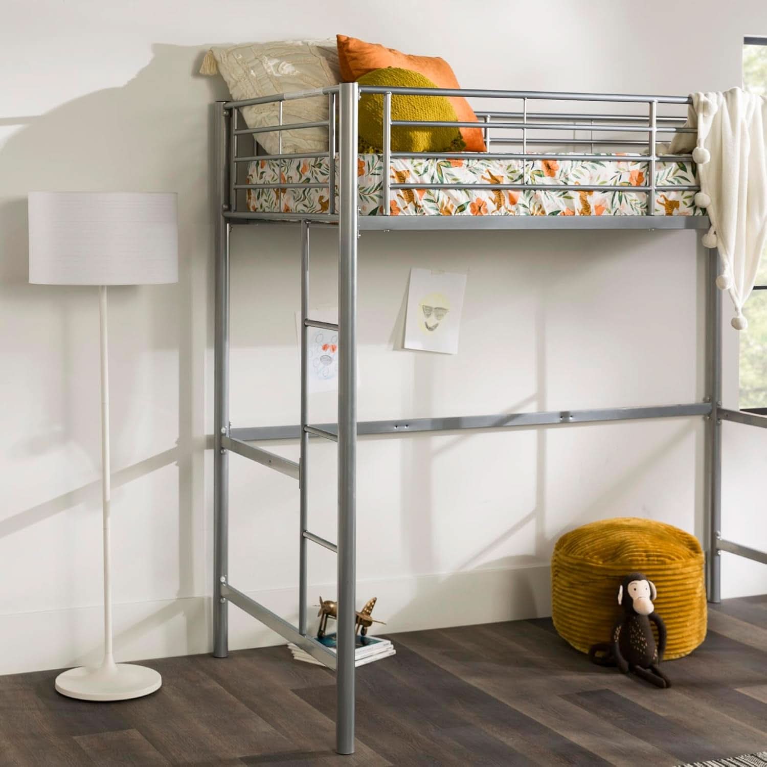 Silver Metal Industrial Twin Over Loft Bunk Bed With Ladder