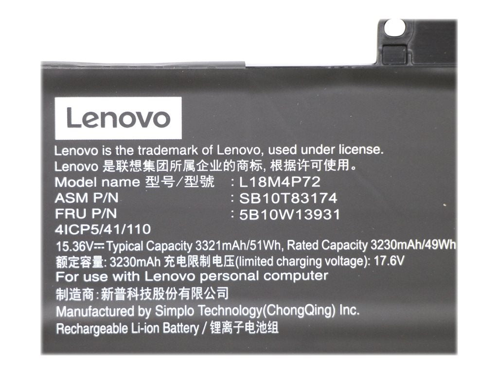 Simplo L18M4P72 - Notebook battery - lithium ion - 4-cell - 3321 mAh - 51 Wh - FRU - for ThinkPad X1 Carbon Gen 8 20U9,