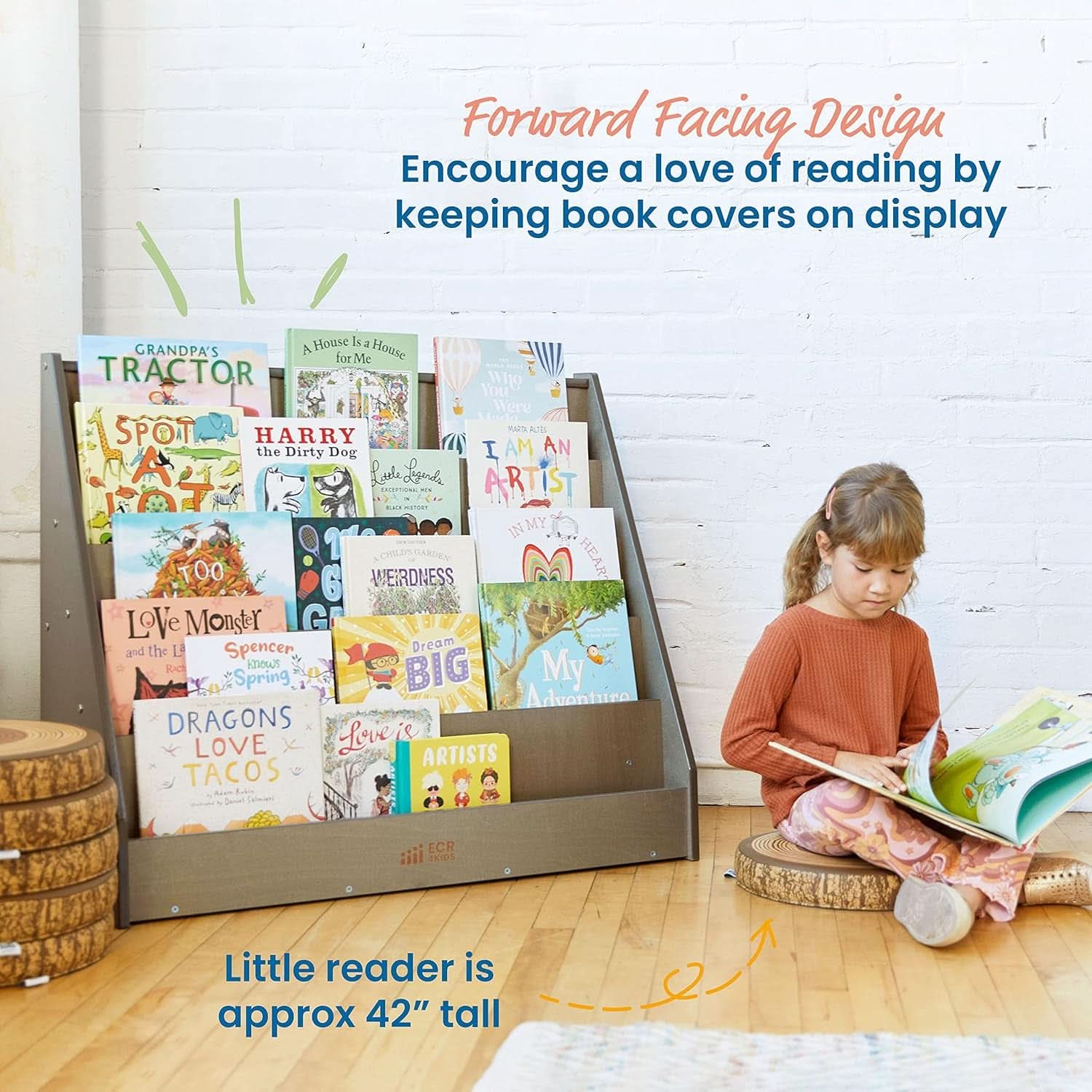 Single Sided Book Display Five Wide Slots Classroom Bookshelf Grey Wash