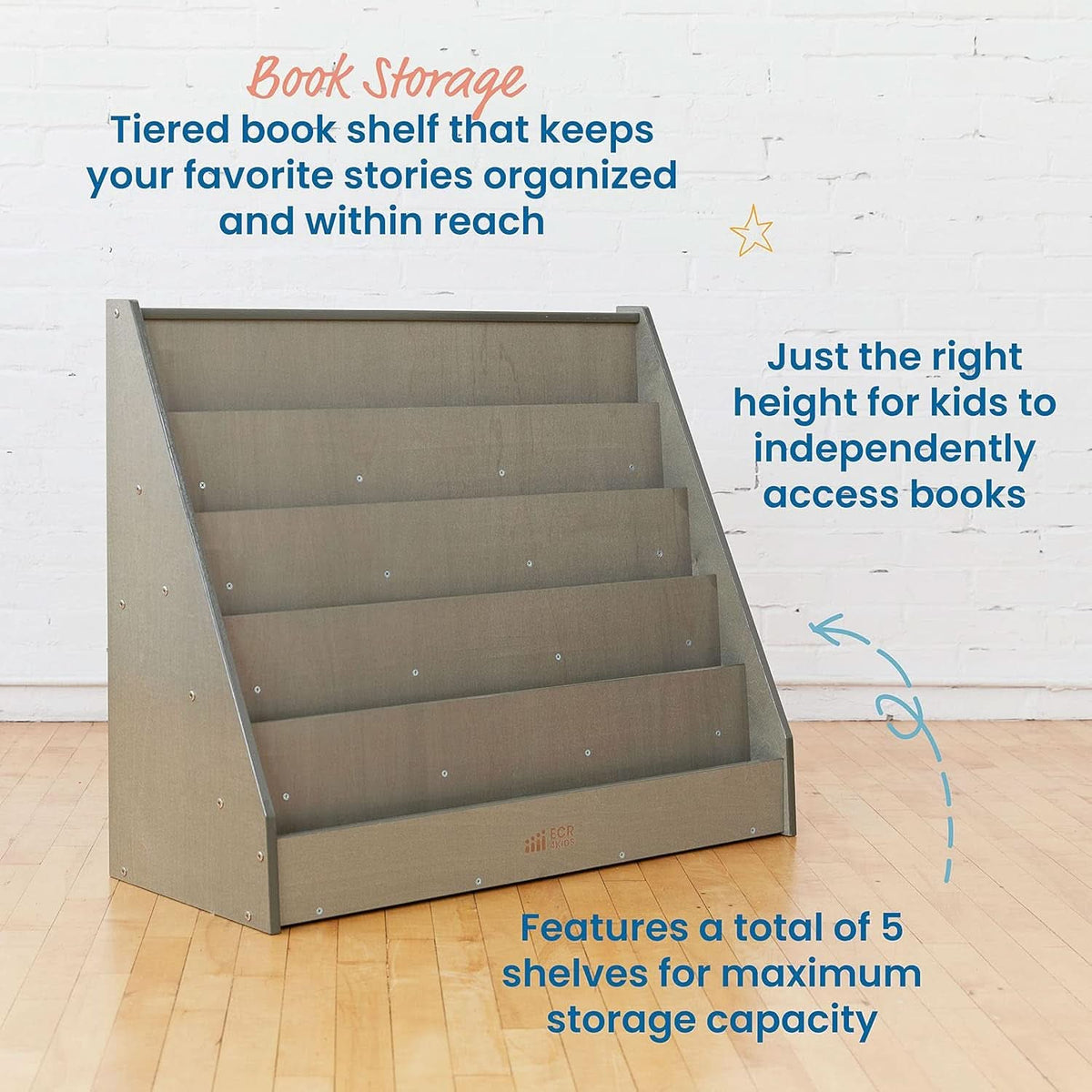 Single Sided Book Display Five Wide Slots Classroom Bookshelf Grey Wash