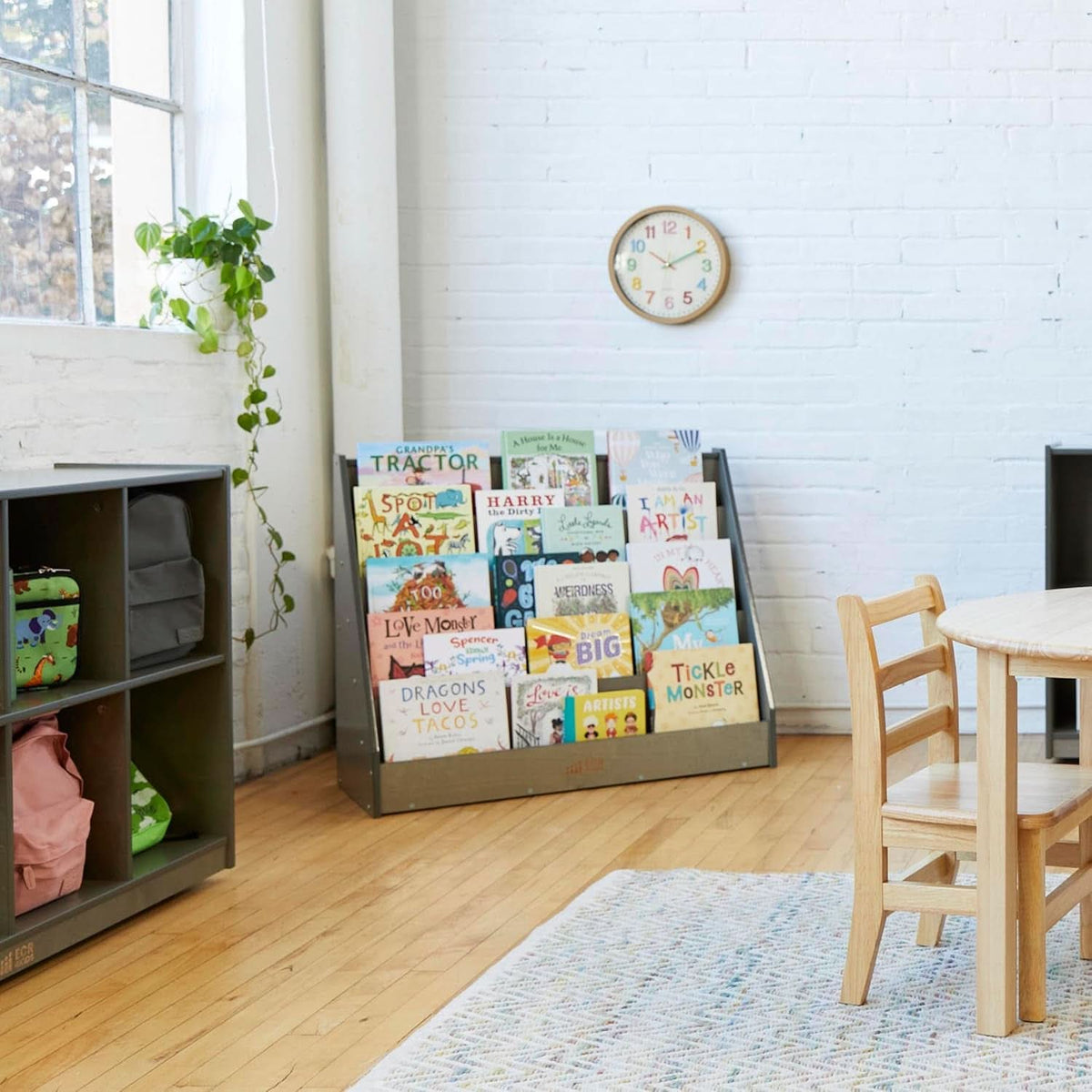 Single Sided Book Display Five Wide Slots Classroom Bookshelf Grey Wash