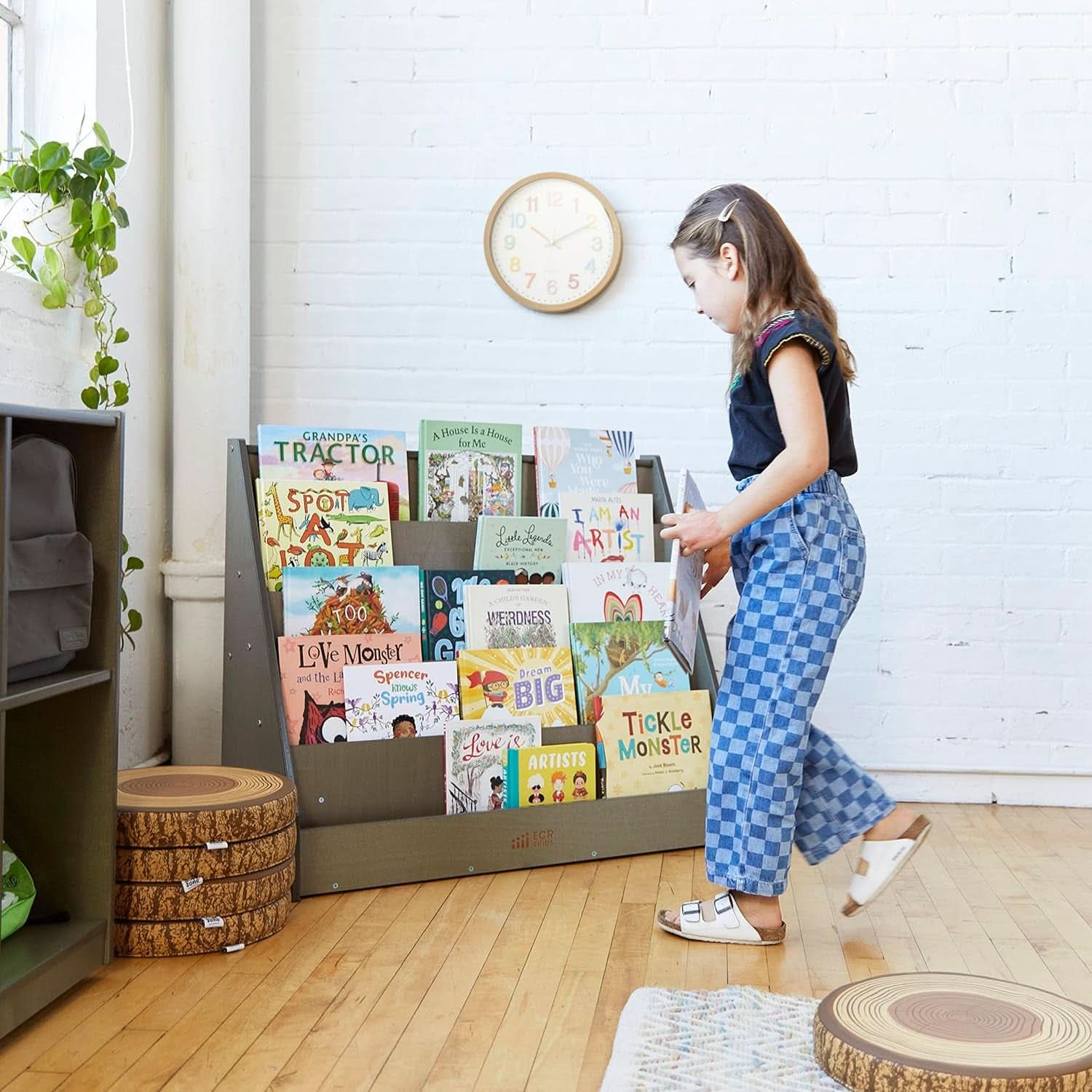 Single Sided Book Display Five Wide Slots Classroom Bookshelf Grey Wash