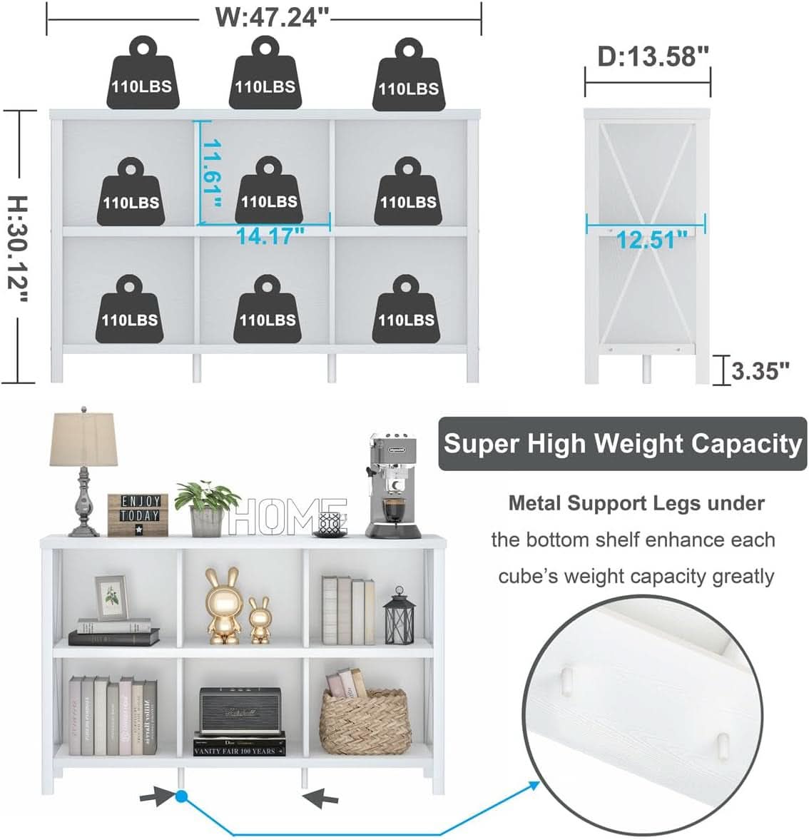 Six Cube Storage Organizer White Oak 47 Inch Bookshelf