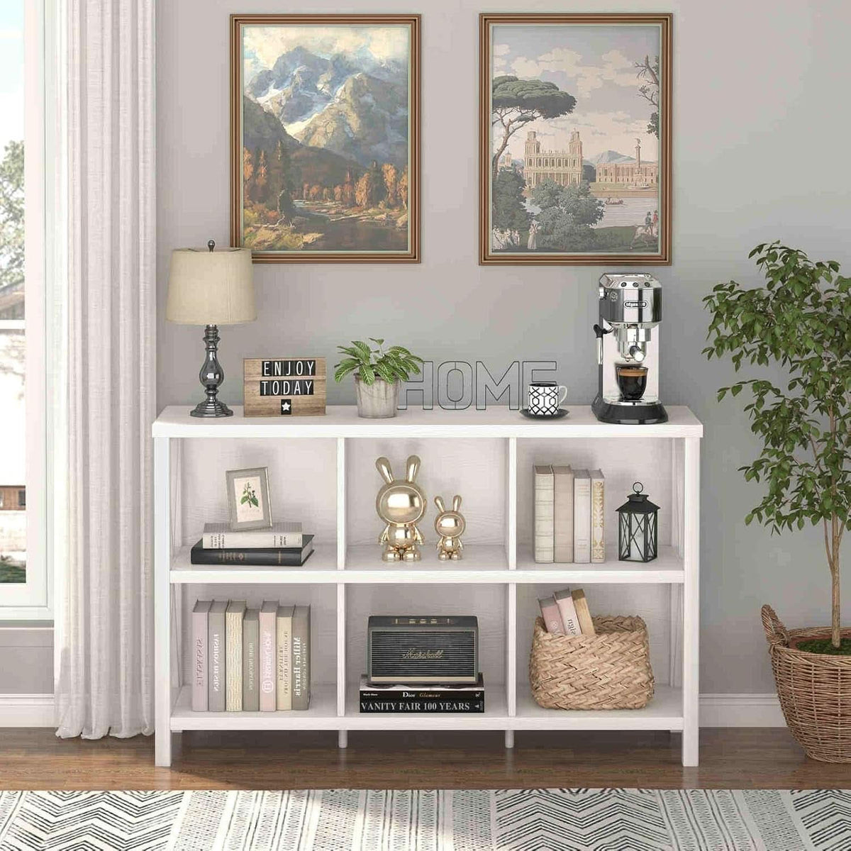Six Cube Storage Organizer White Oak 47 Inch Bookshelf