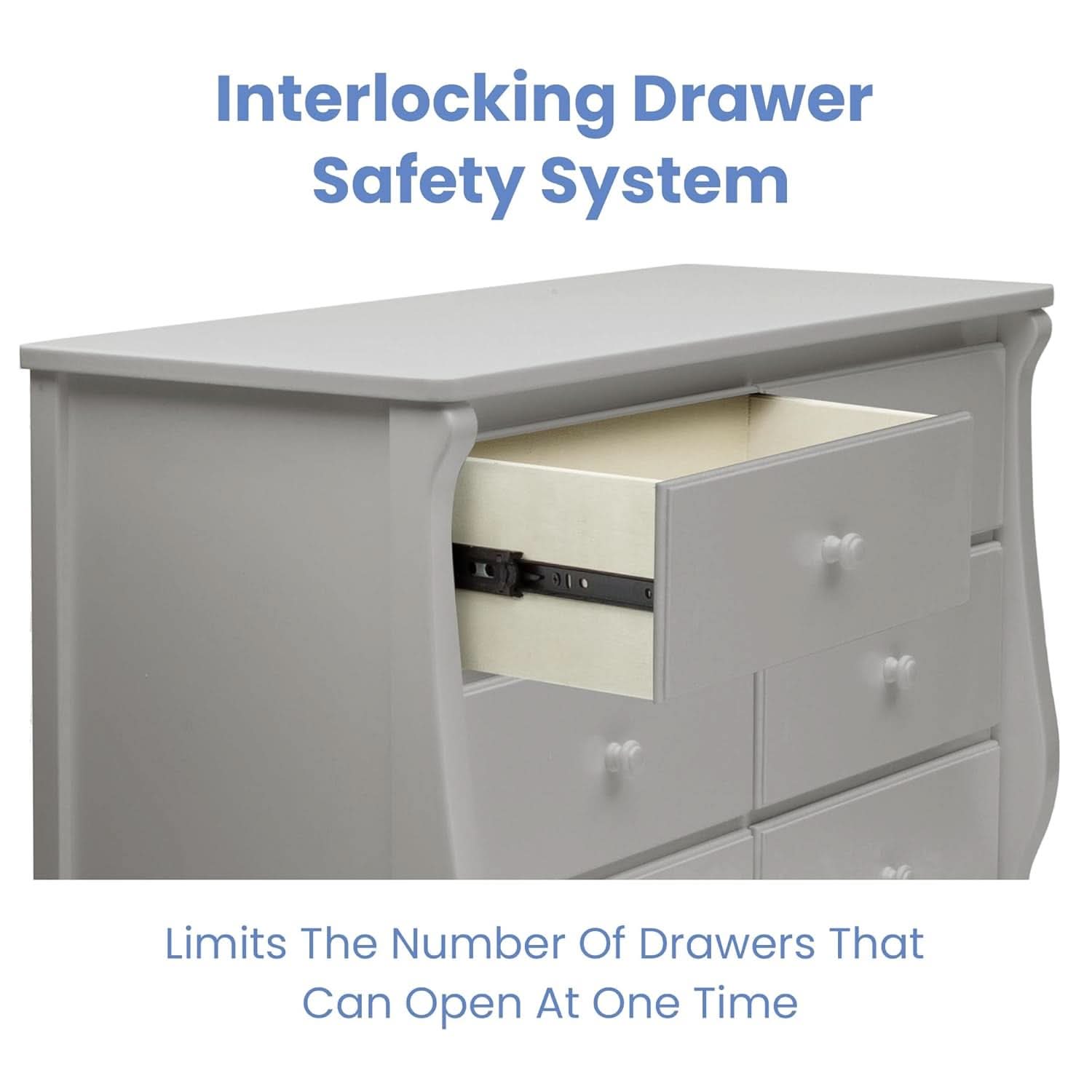 Six Drawer Dresser In Grey With Interlocking Drawers