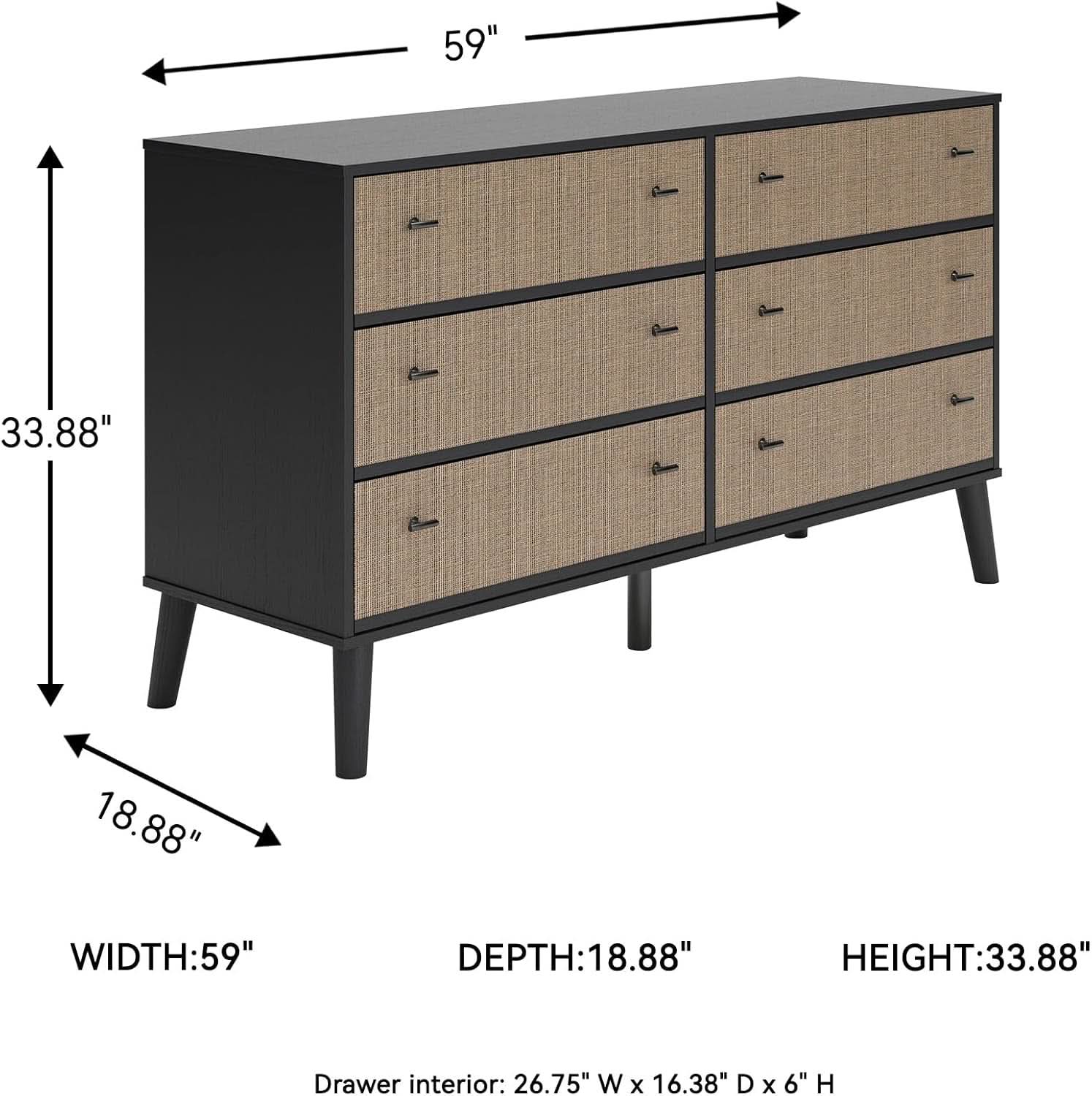 Six Drawer Dresser In Two Tone Black And Light Brown
